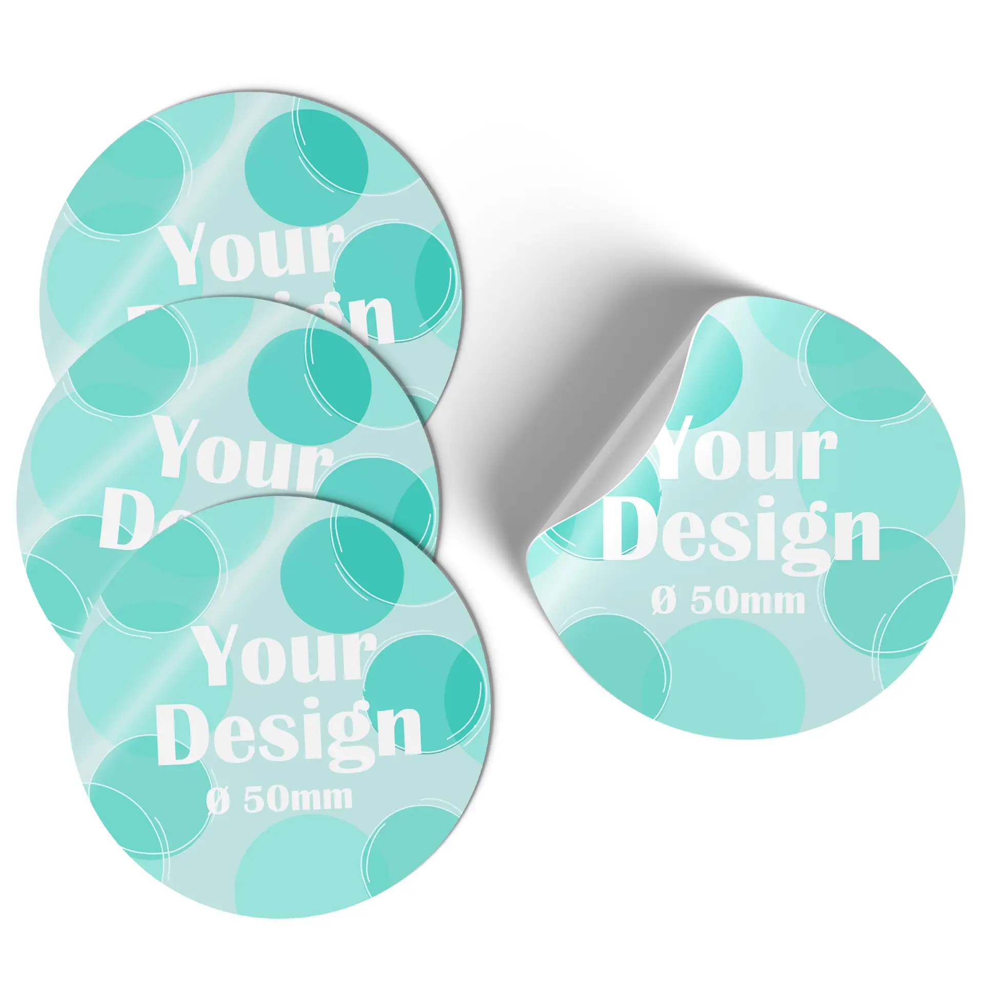 Rond stickerontwerp met een blauwe verloopachtergrond en een wit symbool; heeft een peel-effect en een diameter van 5 cm.
