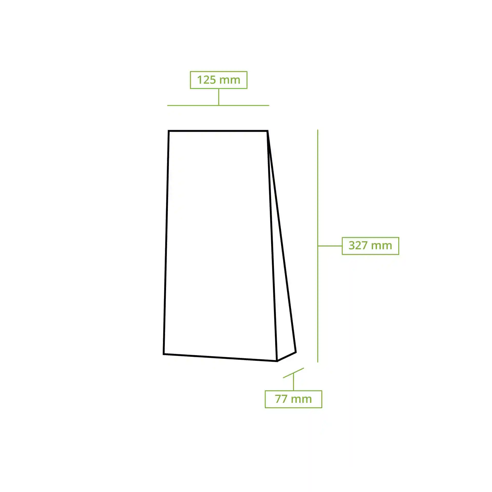 Schematische tekening van een blokbodemzak met afmetingen van 125 mm breed, 77 mm diep en 327 mm hoog.