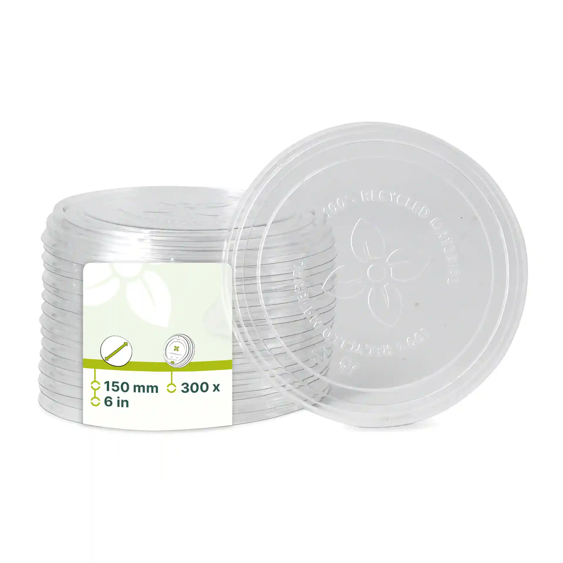 Stapel van transparante deksels van rPET, elk met een diameter van 150 mm, weergegeven met een label.