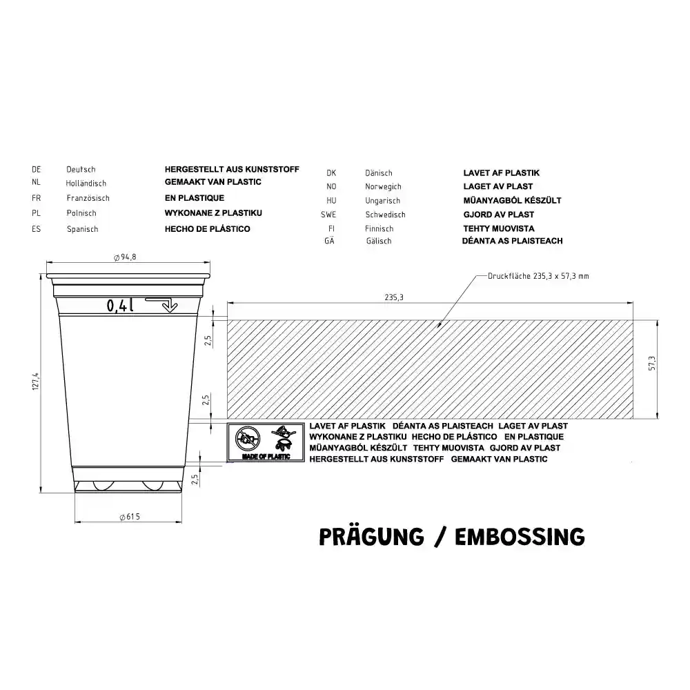 Schematische tekening van een 16 oz plastic beker met afmetingen en markeringen, toont boven- en zijaanzicht.