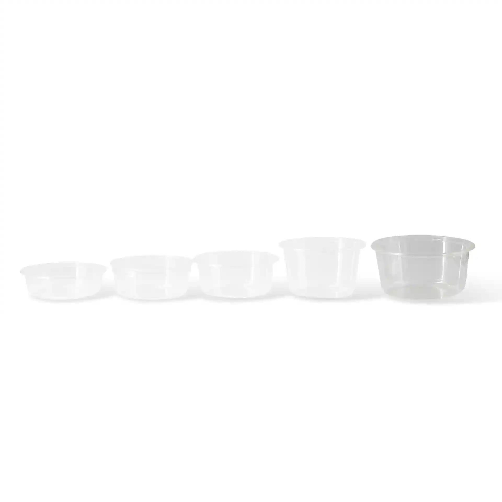 Set van vijf transparante ronde deli-containers in verschillende maten, van klein naar groot weergegeven.
