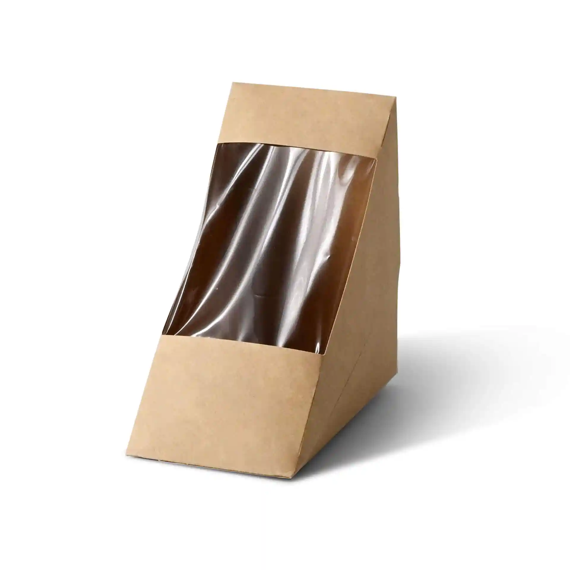 Bruine kartonnen sandwichwig met een transparant PLA-venster, driehoekige vorm en milieuvriendelijke coating.