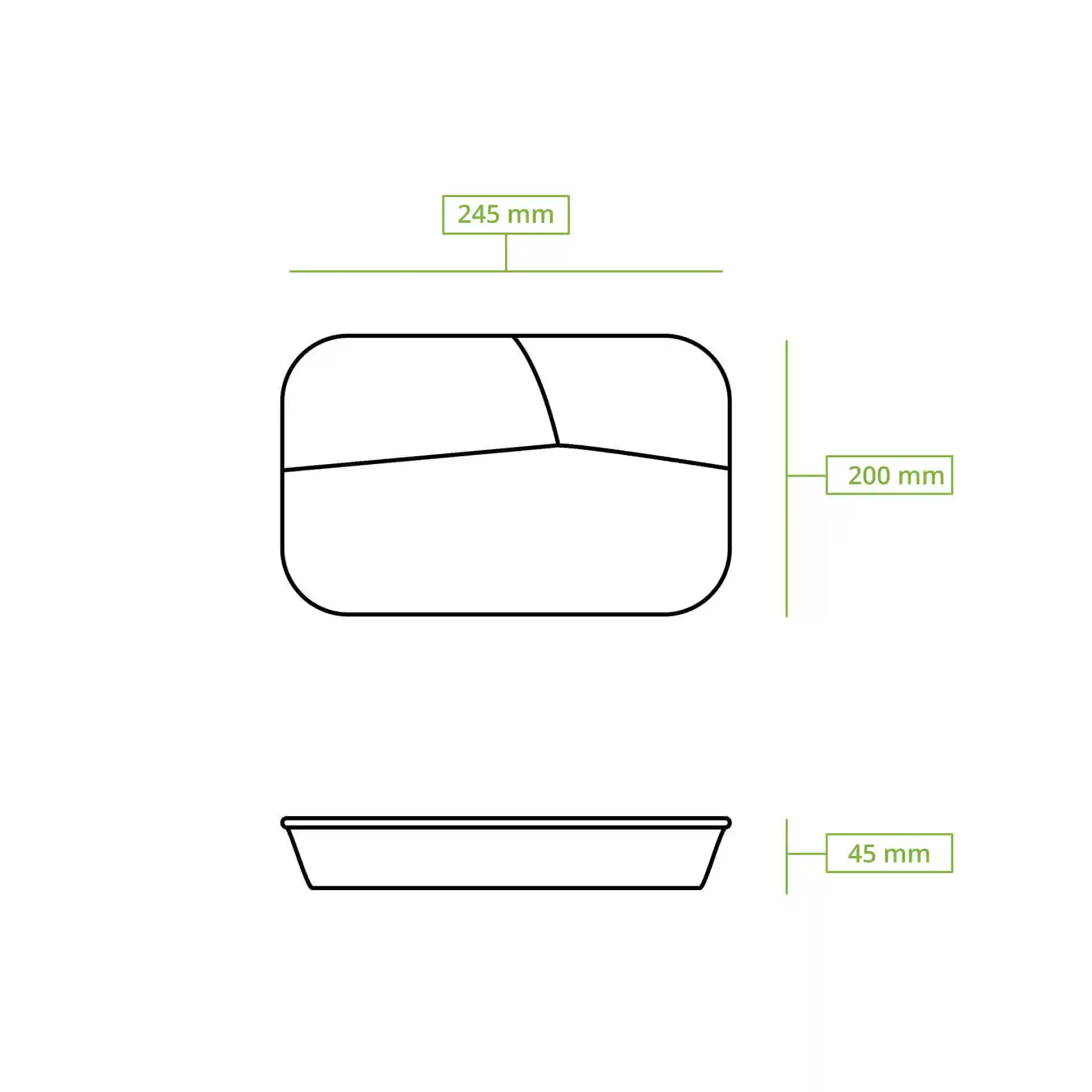 Schematische tekening van een rechthoekige maaltijdcontainer met afmetingen van 245 mm bij 200 mm en een hoogte van 45 mm.