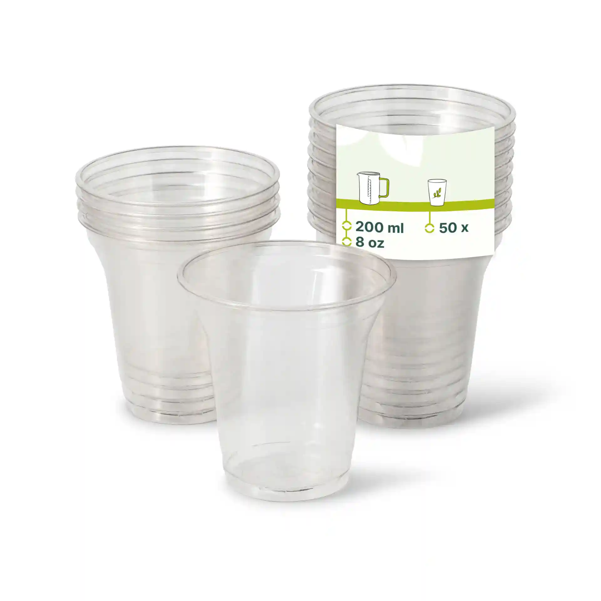 Transparante 8 oz rPET heldere bekers gestapeld met een label dat 200 ml capaciteit en 50 stuks toont.
