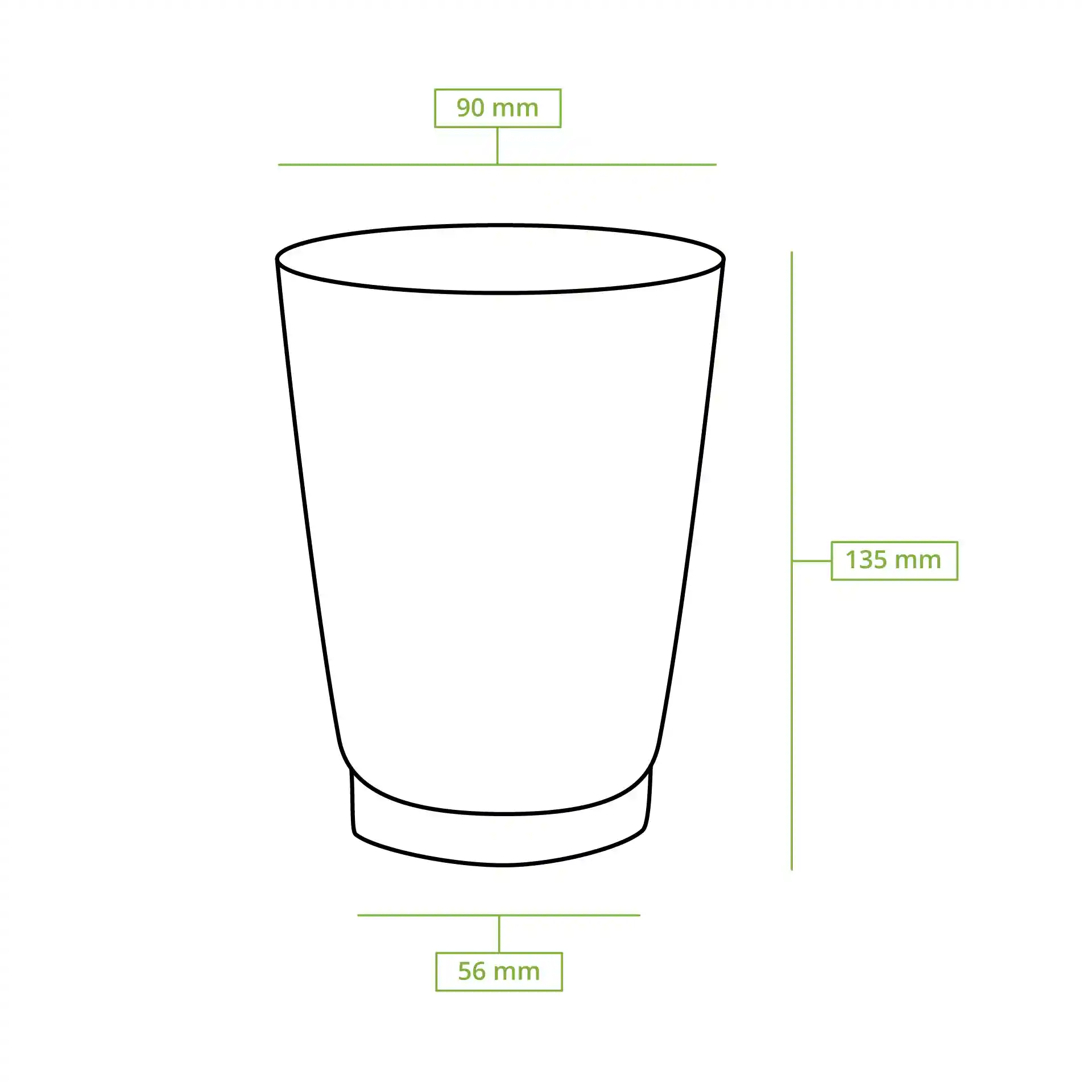 Schematische tekening van een ronde beker met maatlijnen die een hoogte van 138 mm, een bovenste diameter van 90 mm en een onderste diameter van 60 mm aangeven.