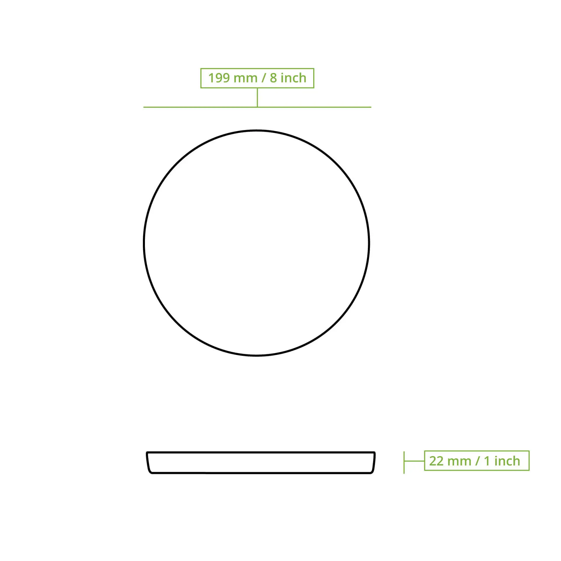 Schematische tekening van een ronde plaat met een diameter van 200 mm en een hoogte van 22 mm.