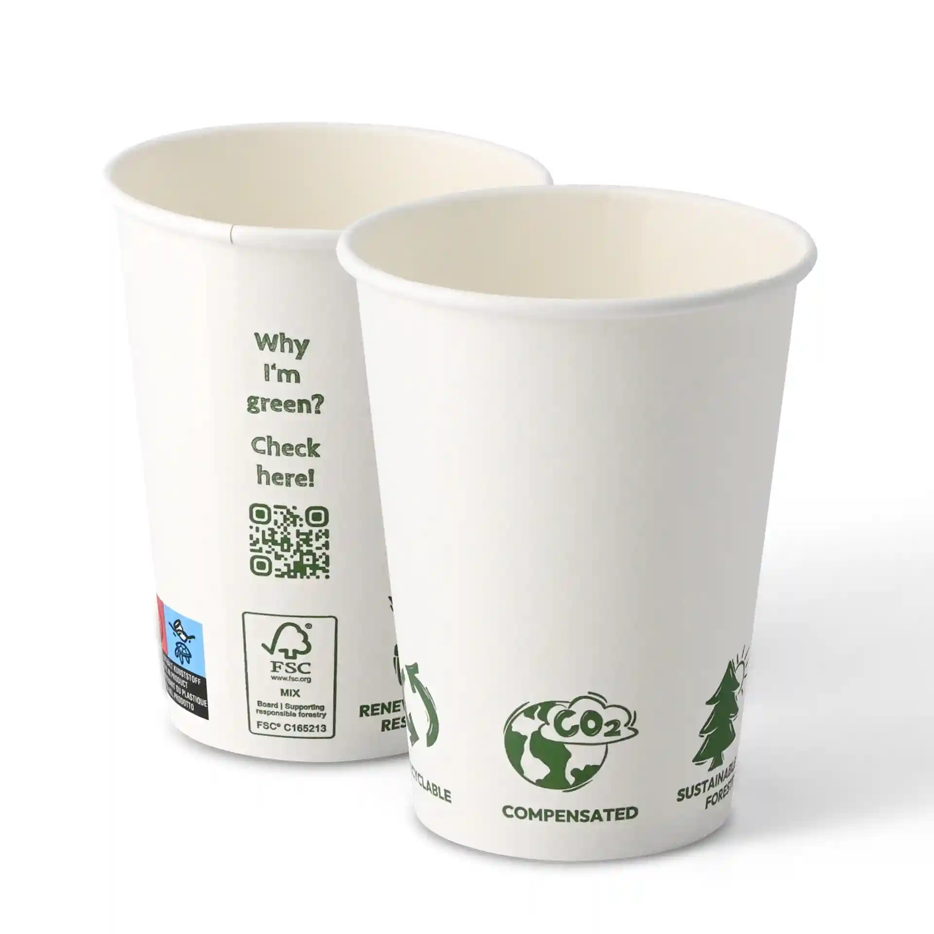 Witte papieren bekers met enkele wand, 300 ml capaciteit, met verschillende eco-gerelateerde iconen aan de buitenkant.