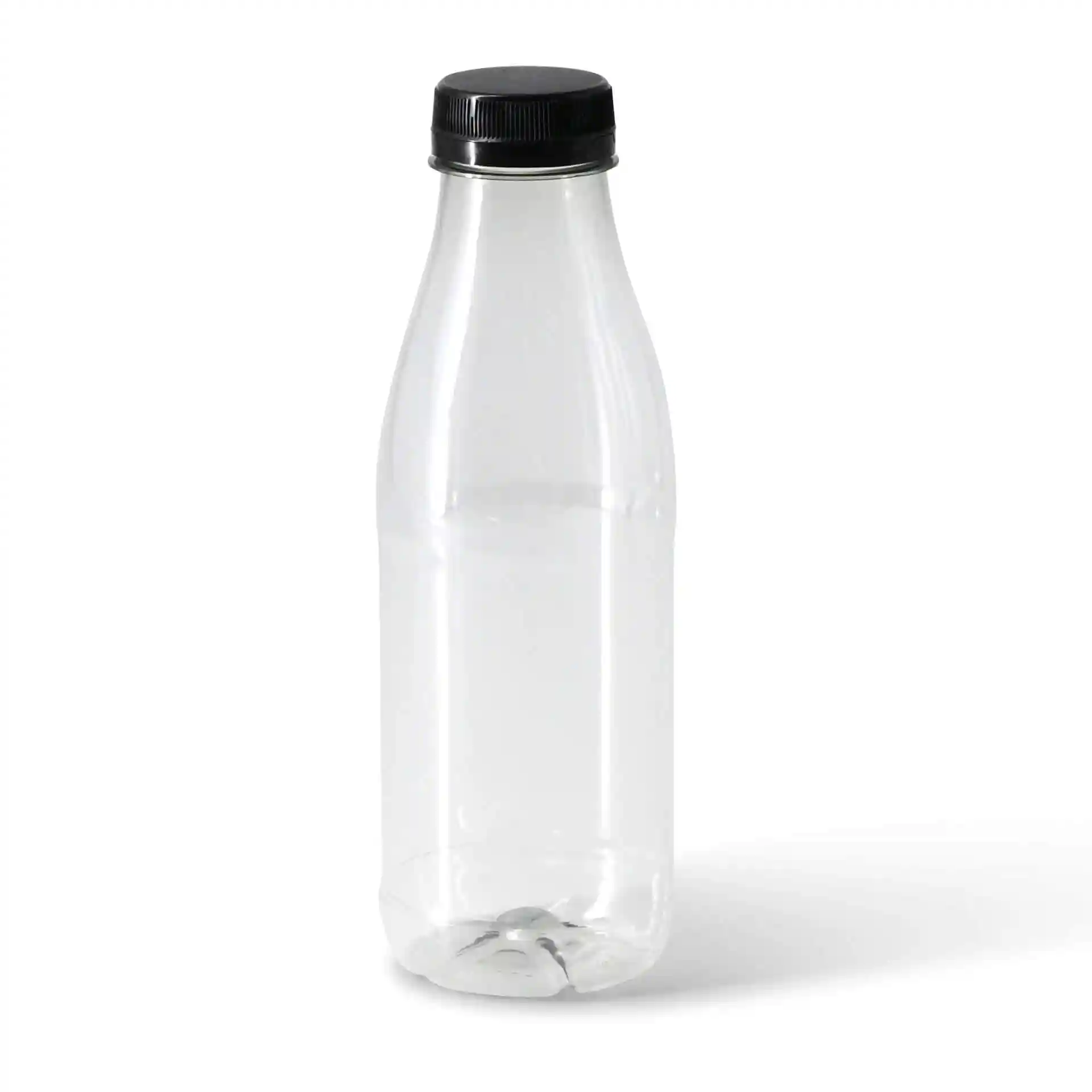 Heldere rPET-fles met een zwarte deksel, 500 ml capaciteit, hoogte van 199 mm en diameter van 35 mm.