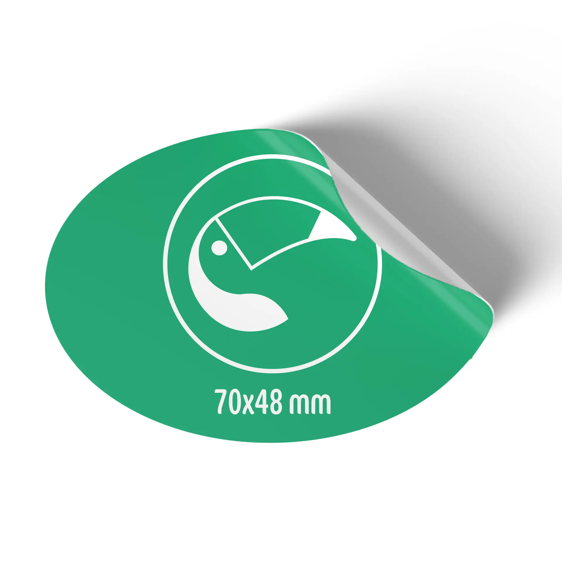 Groene ovale sticker met witte graphic en afmetingen van 70x48 mm, met een deel van de sticker dat aan de rand opgerold is.