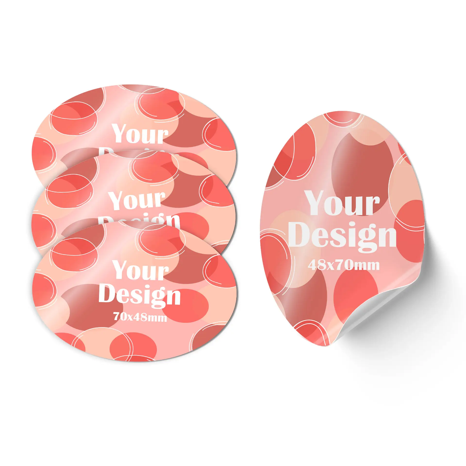 Groene ovale sticker met witte graphic en afmetingen van 70x48 mm, met een deel van de sticker dat aan de rand opgerold is.