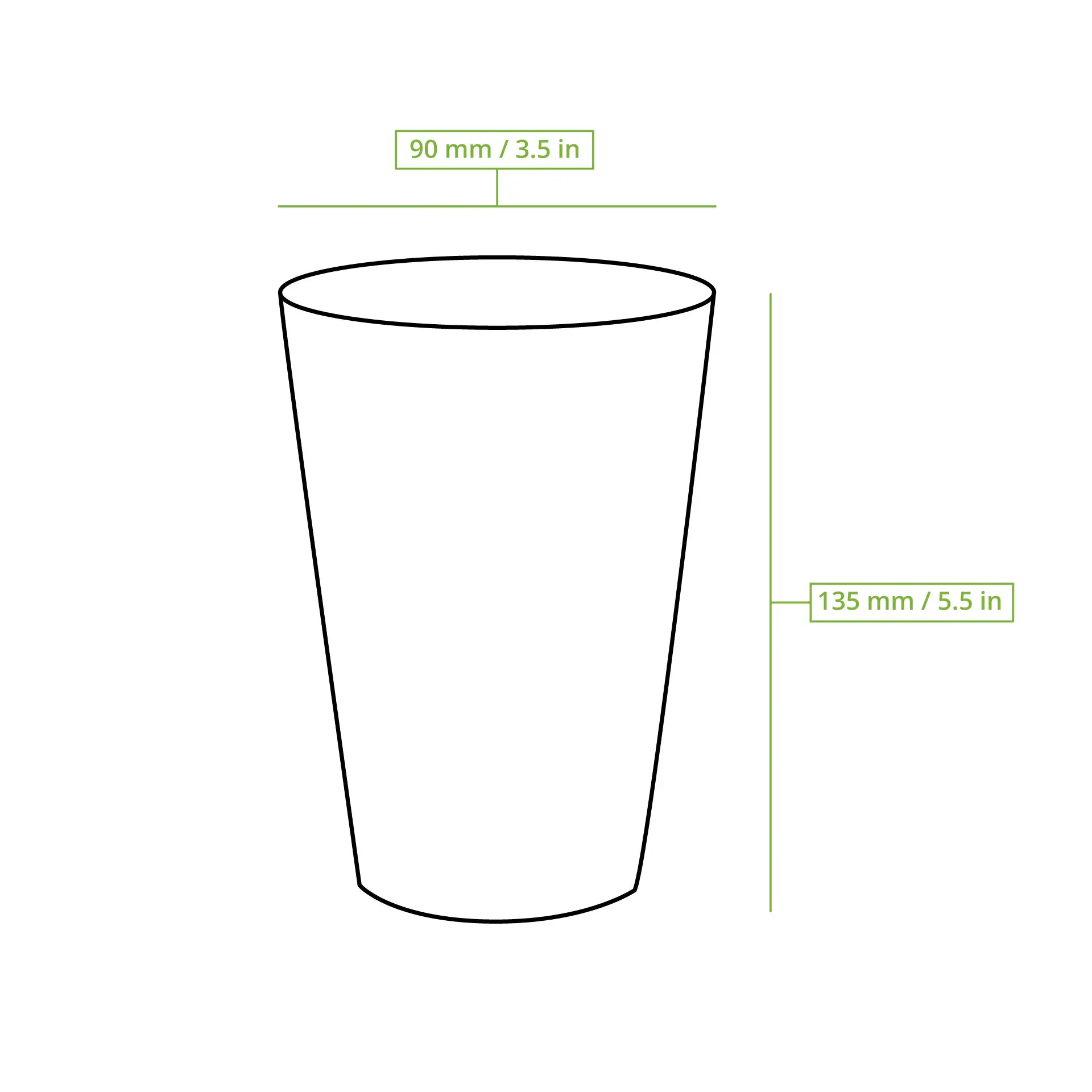 Schematische tekening van een geribde beker met afmetingen: hoogte 135 mm en diameter 90 mm.