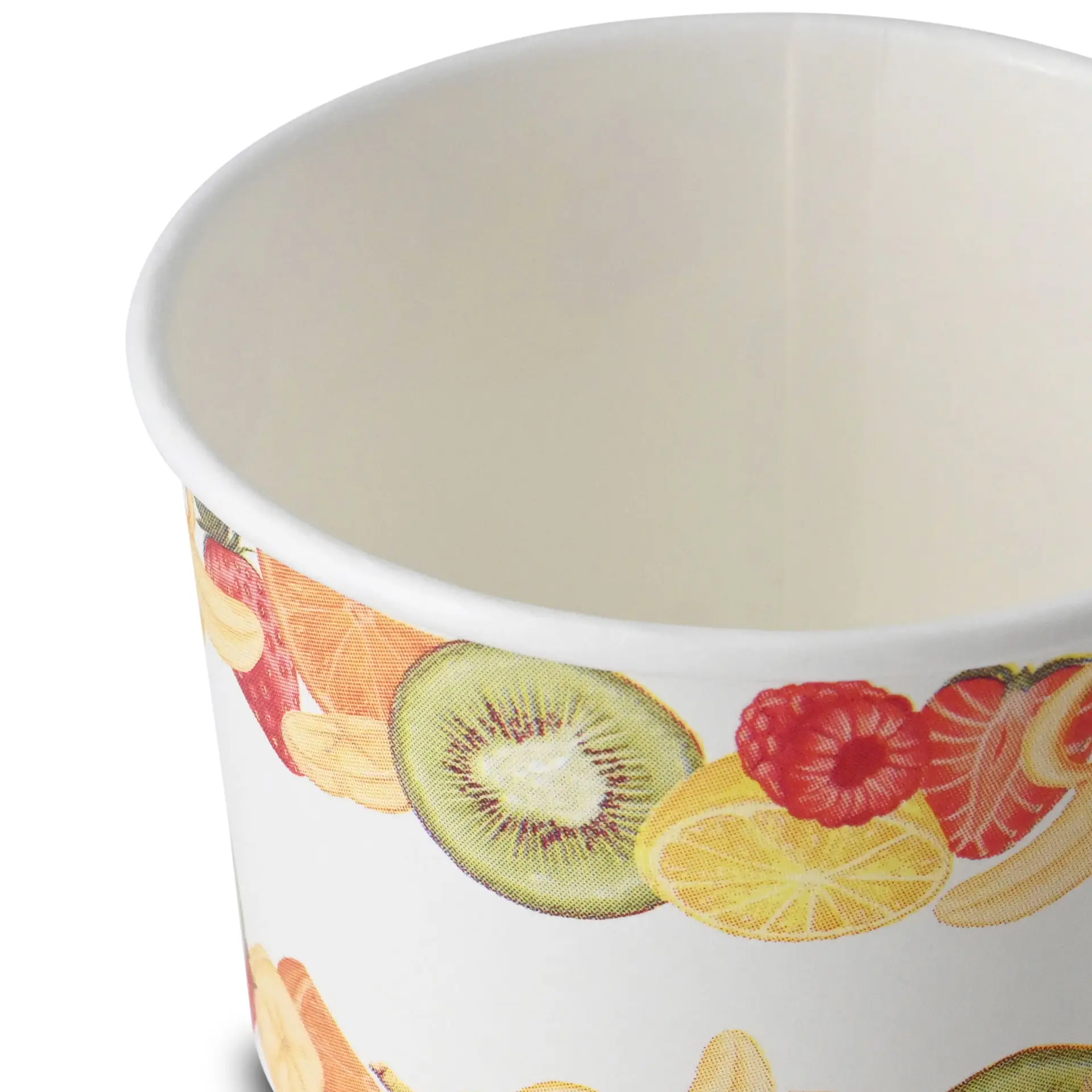 Bedrukte papieren ijsbekers met fruitontwerp; geschikt voor warme en koude voedingsmiddelen, PE-coating voor duurzaamheid.