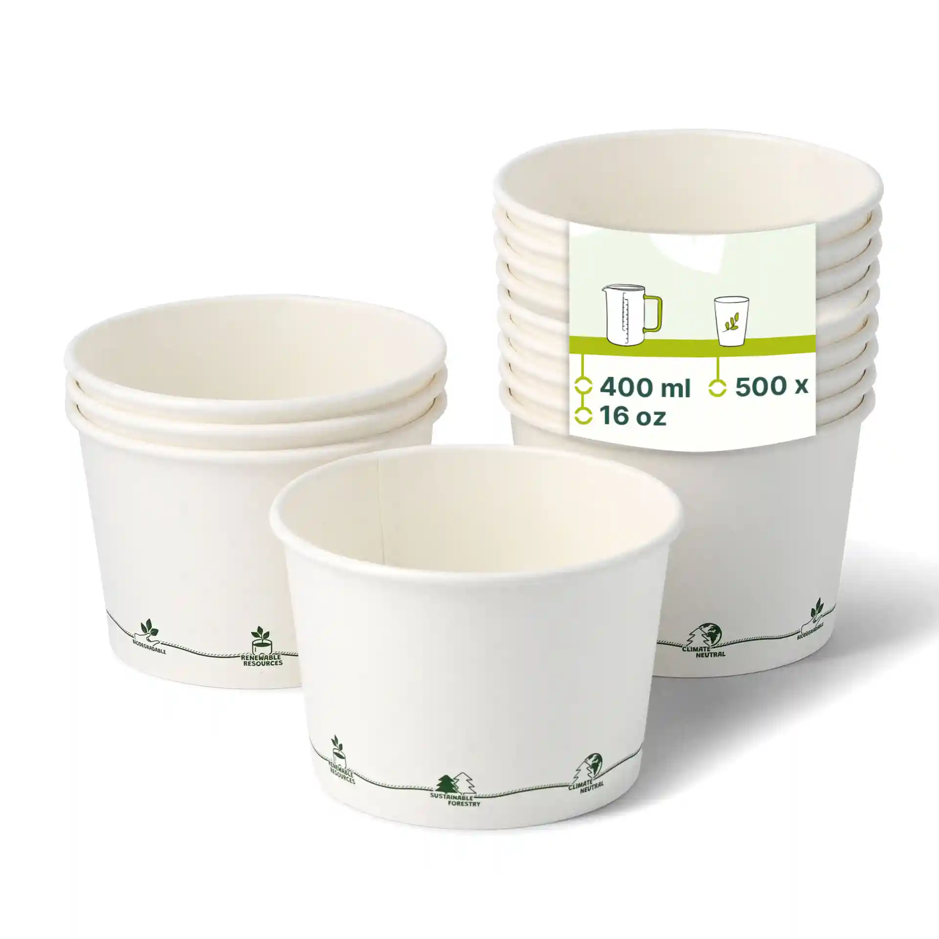 Ronde kartonnen soepcontainers met milieuvriendelijke coating, 16 oz, gestapeld met één zichtbaar en bedrukt ontwerp.