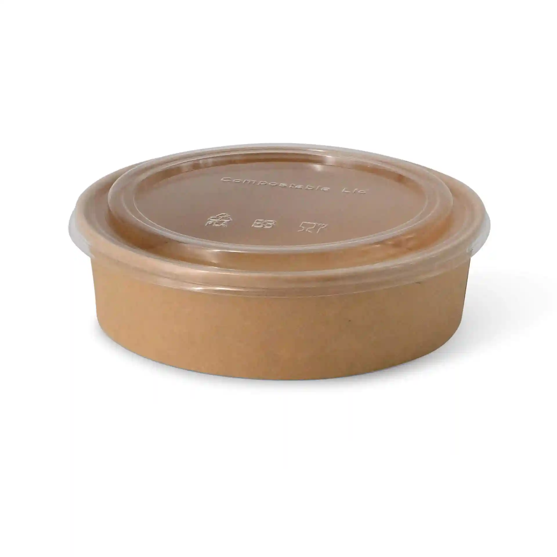 Ronde bruine kartonnen kom met een doorzichtig deksel, 700 ml capaciteit, diameter 185 mm en hoogte 49 mm.