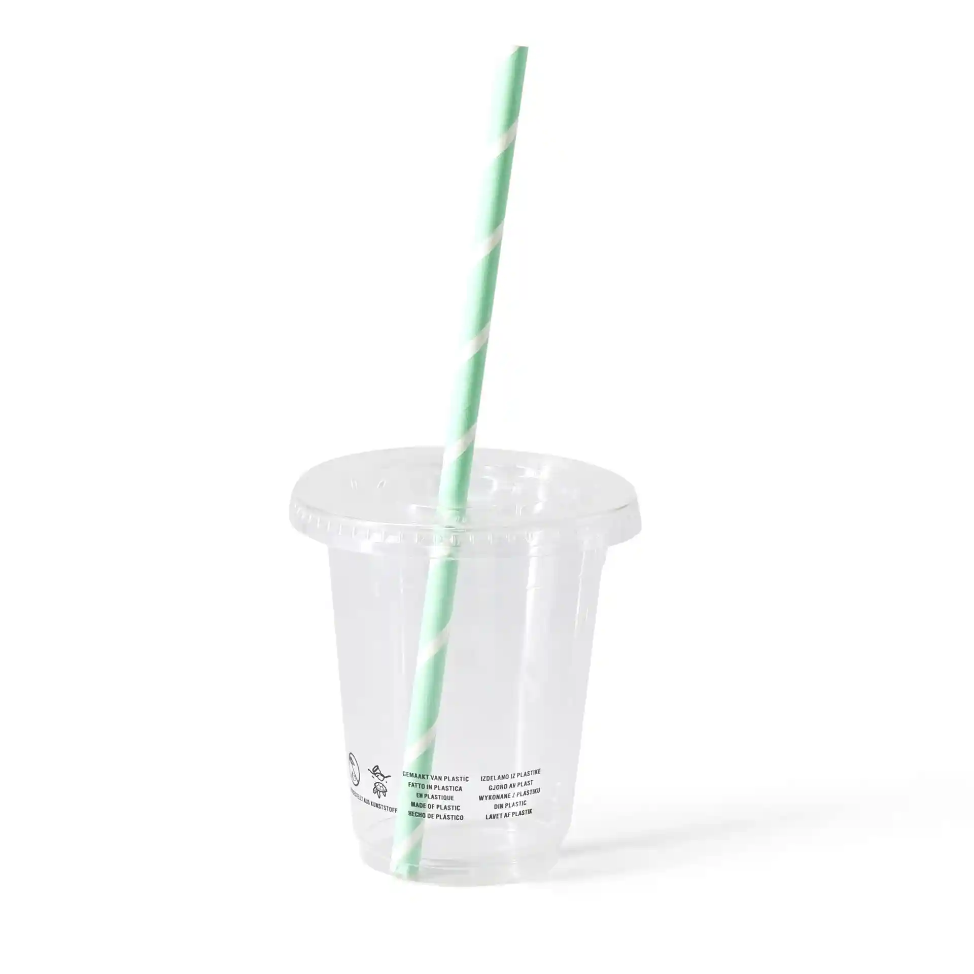 Heldere PLA-plastic beker met een groen-wit gestreepte rietje, 300 ml capaciteit, op een effen achtergrond.