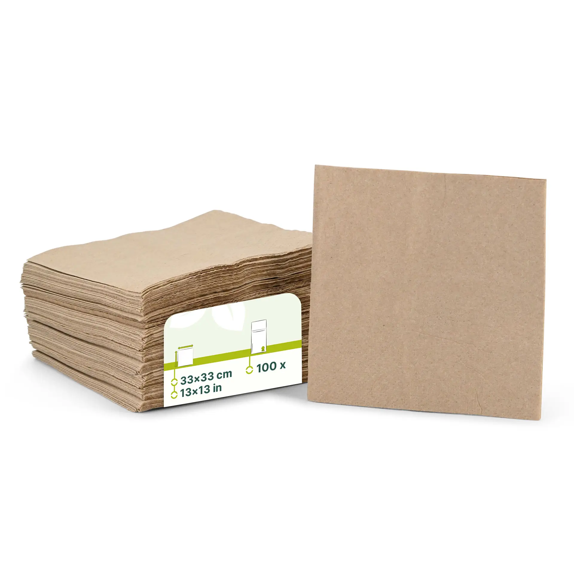 Stapeltje ongebleekte papieren servetten, 33 x 33 cm, 2-laags, met een label met productdetails.