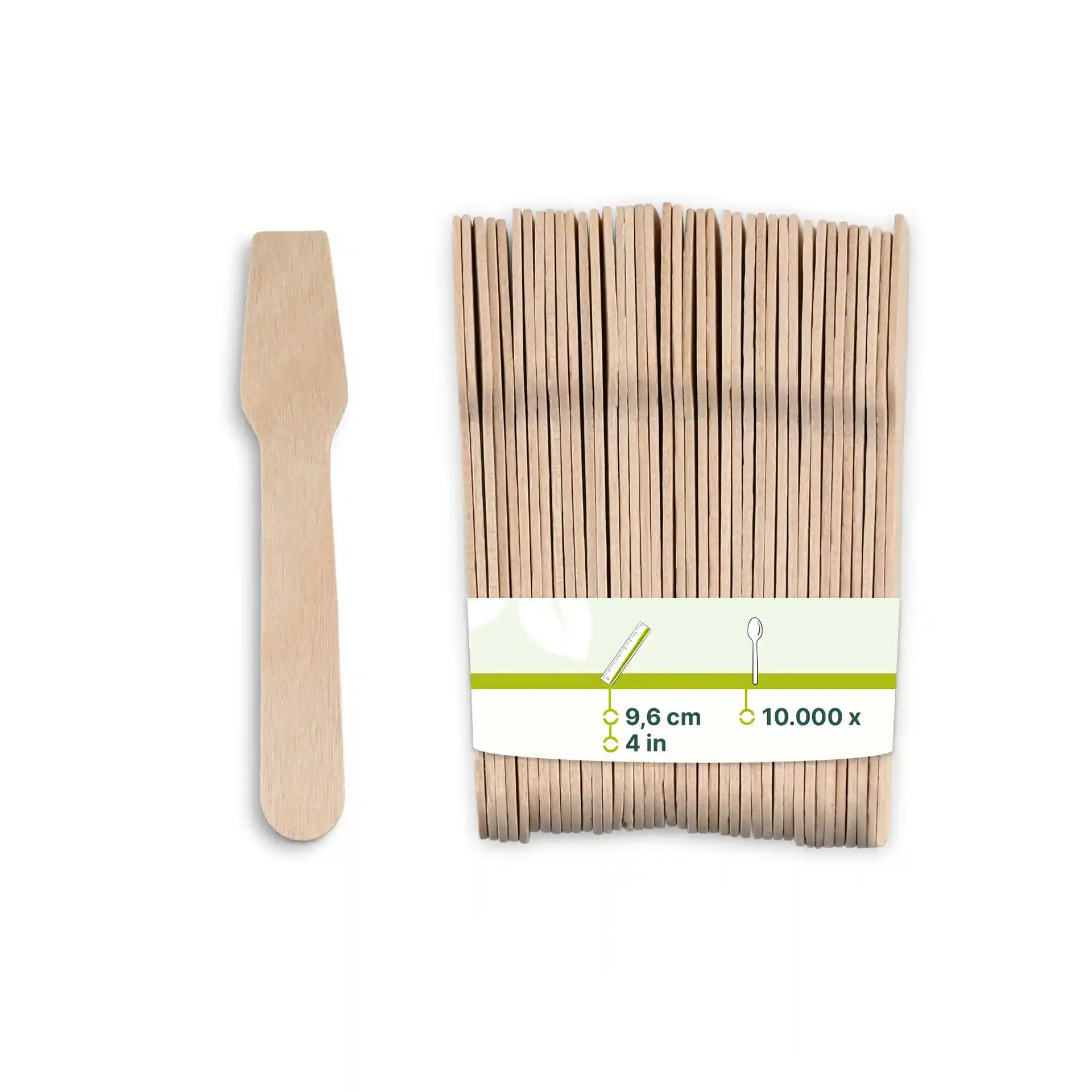 Houten ijslepels in een verpakking, elk 9,6 cm lang, naast een label met productdetails weergegeven.