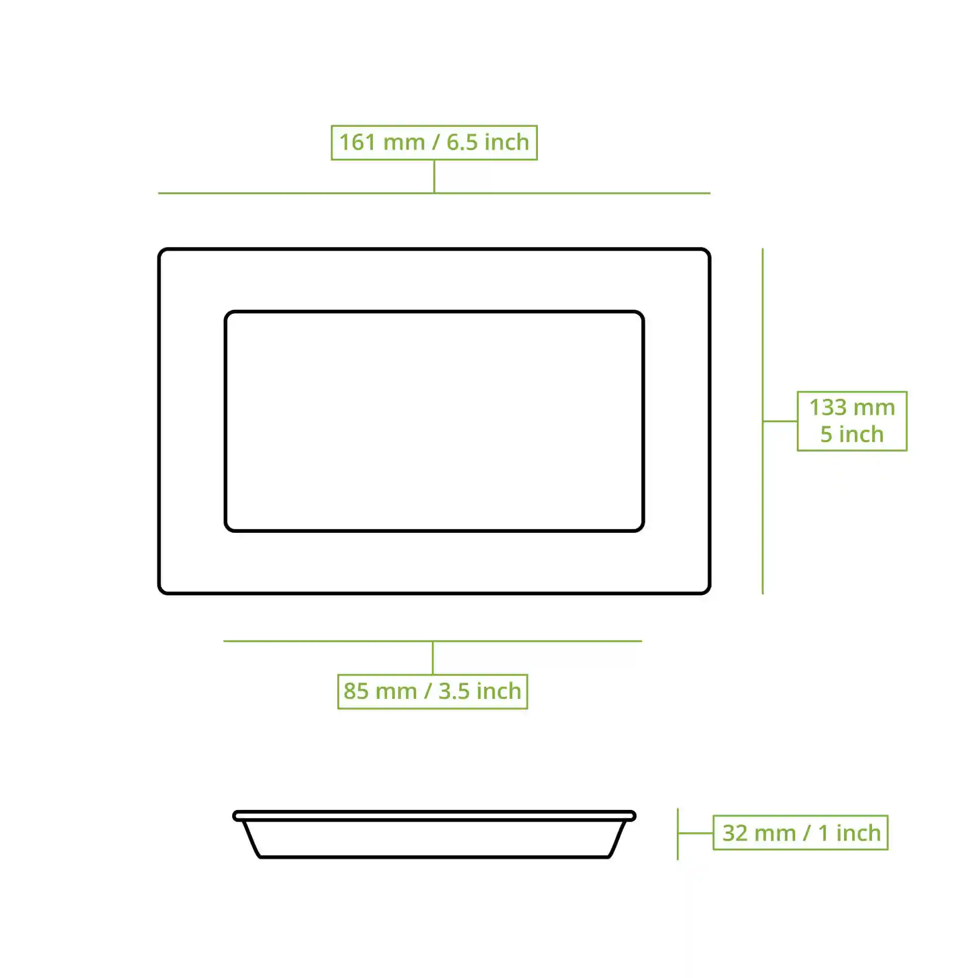 Schematische tekening van een rechthoekig palmbladbord met afmetingen: 161 mm lengte, 133 mm breedte en 32 mm hoogte.