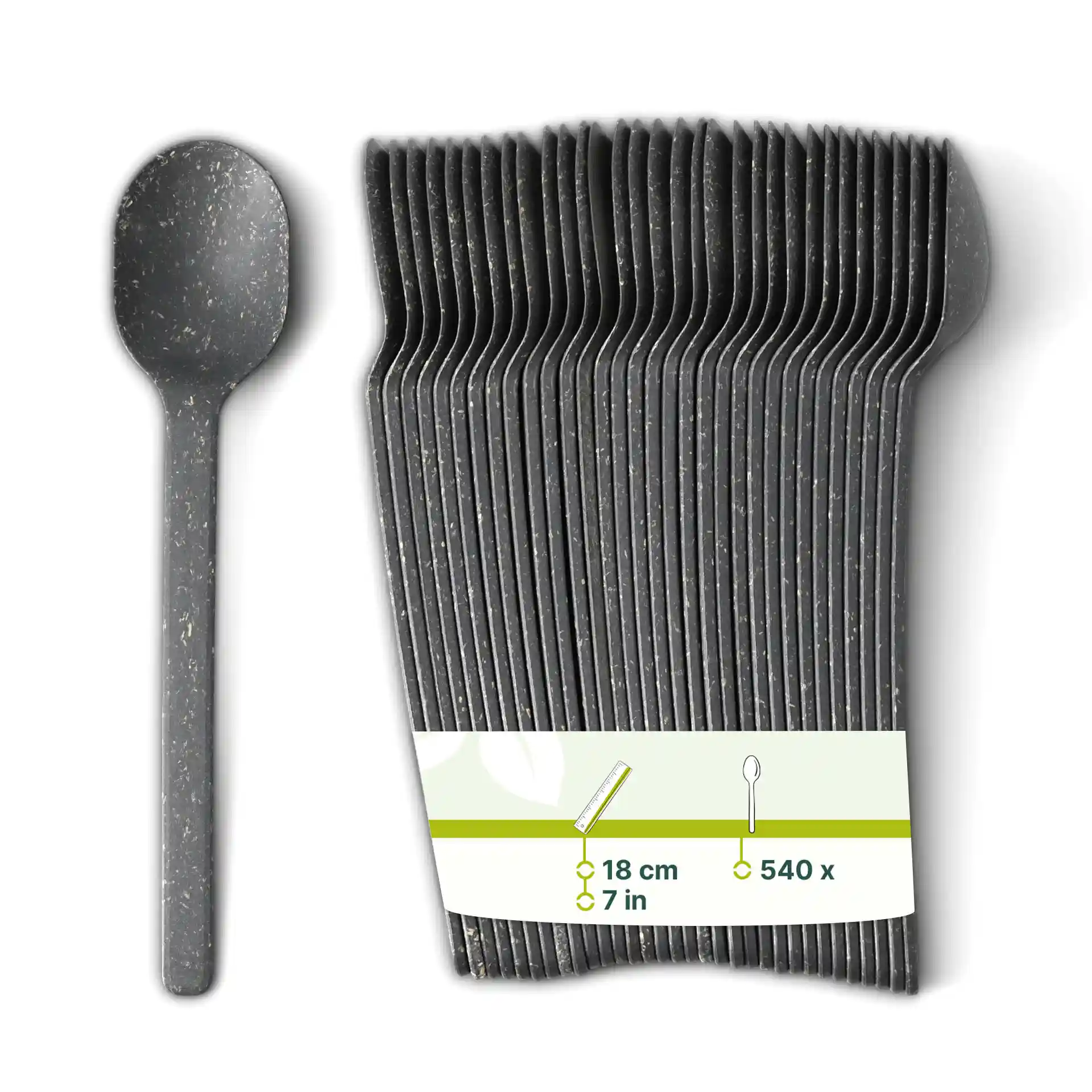 Zwarte herbruikbare lepel van bio-compound, 18 cm lang, getoond met meerdere vergelijkbare lepels in een stapel.