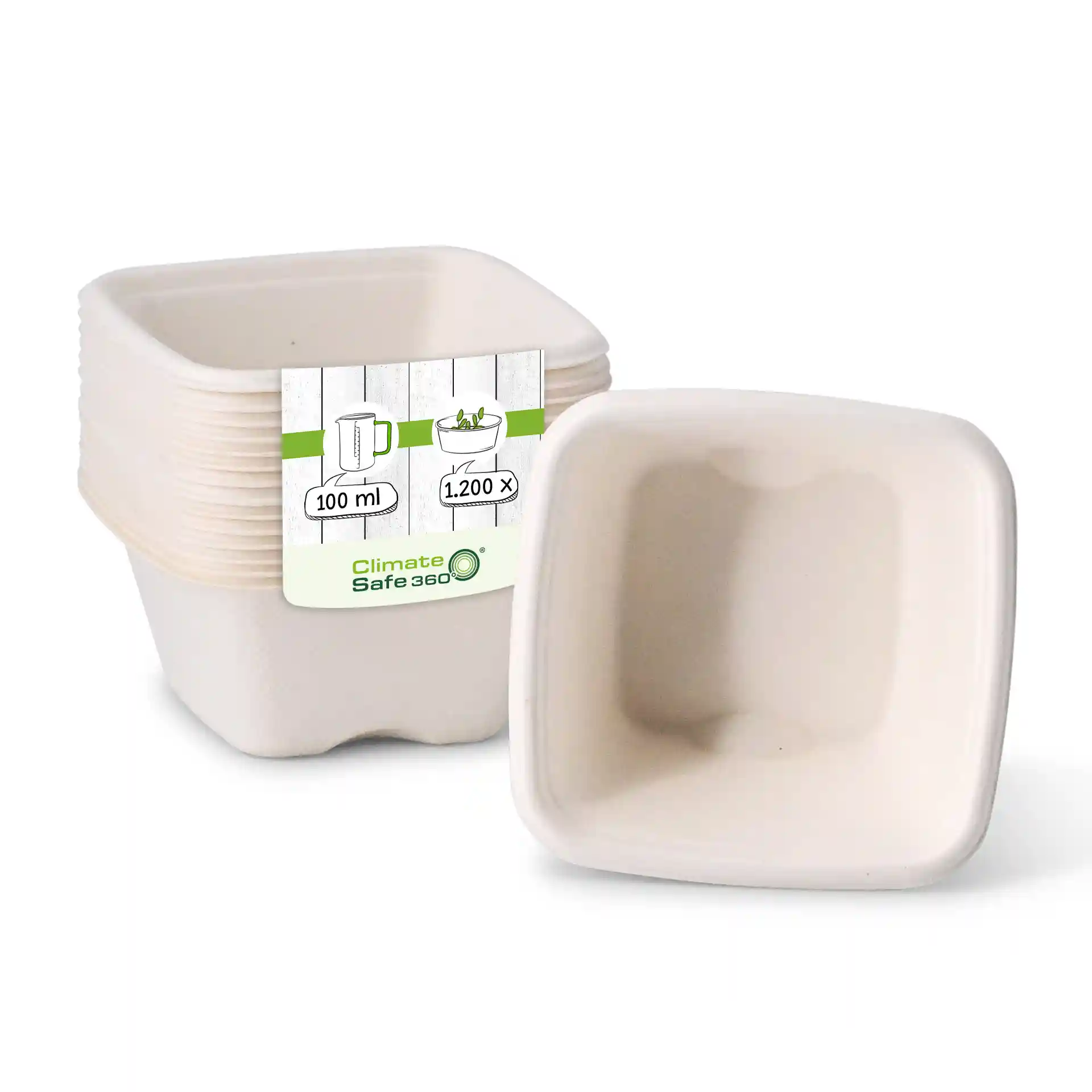 Stap witte bagasse bekers, vierkante vorm, 100 ml capaciteit, met één beker schuin om de binnenkant te tonen.