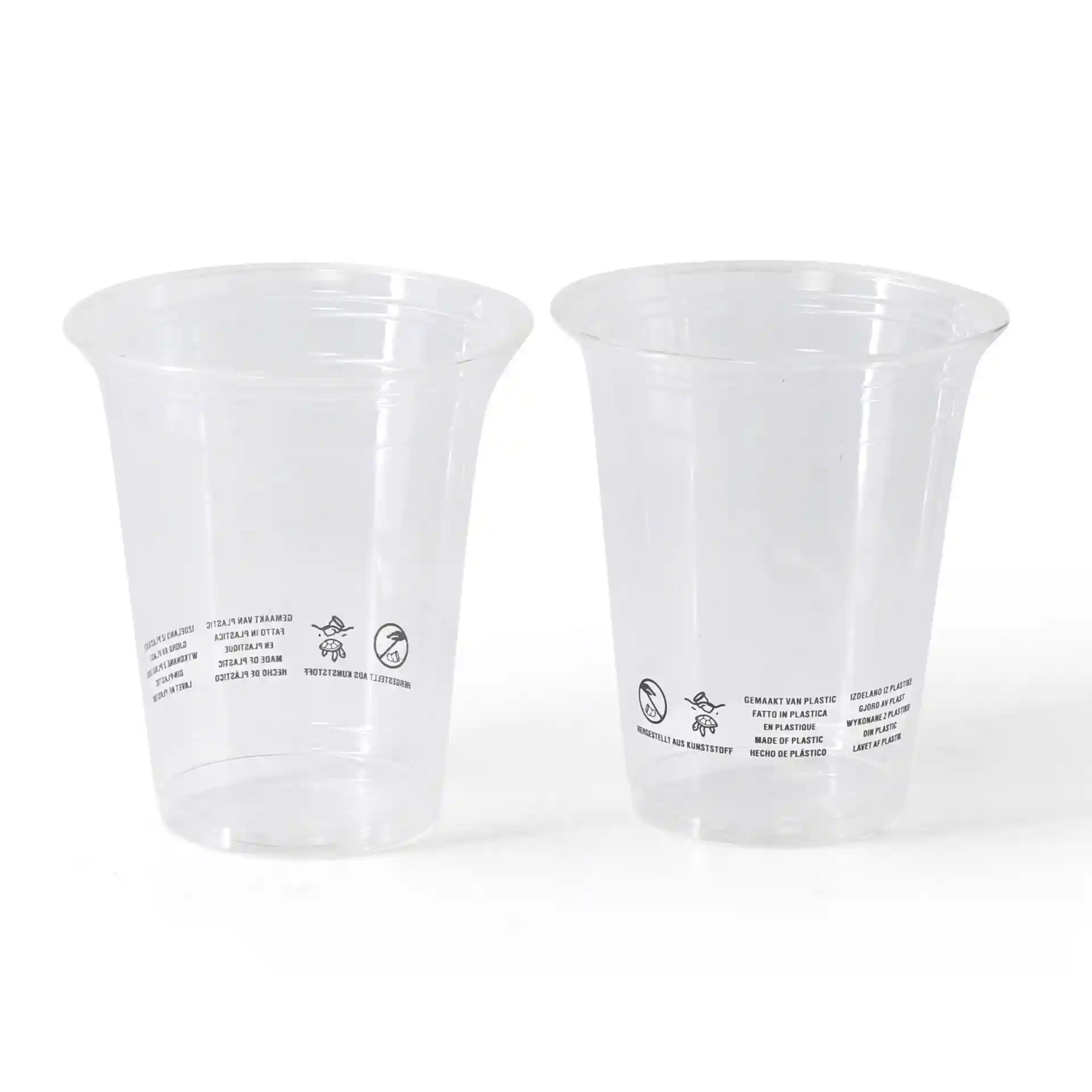 Heldere PLA-plastic bekers, 300 ml capaciteit, met zichtbare markeringen aan de zijkant, twee bekers getoond.