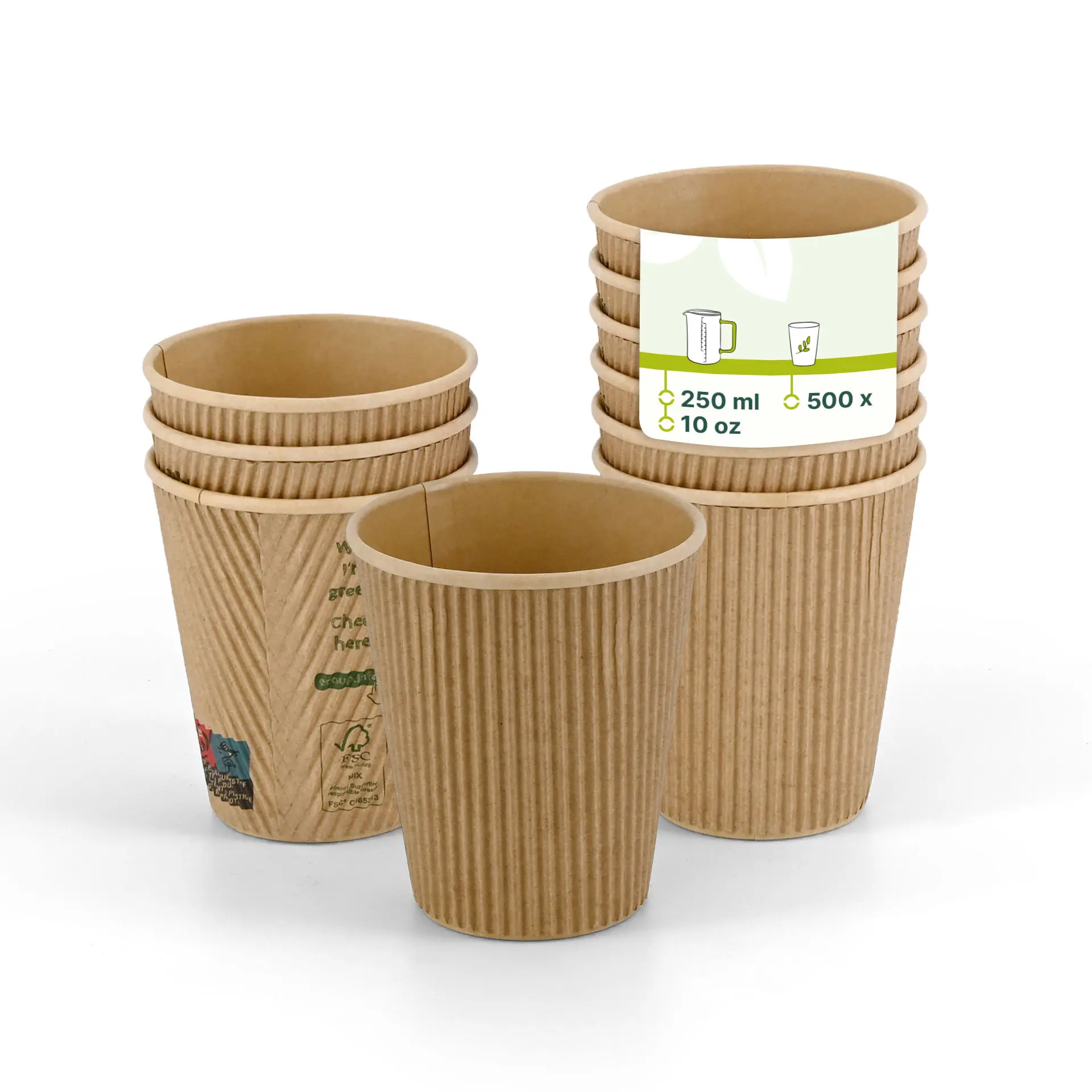 Geribbelde bruine wegwerpbekers voor warme dranken, 10 oz formaat, stapelbaar met een PLA-binnenlaag voor isolatie.