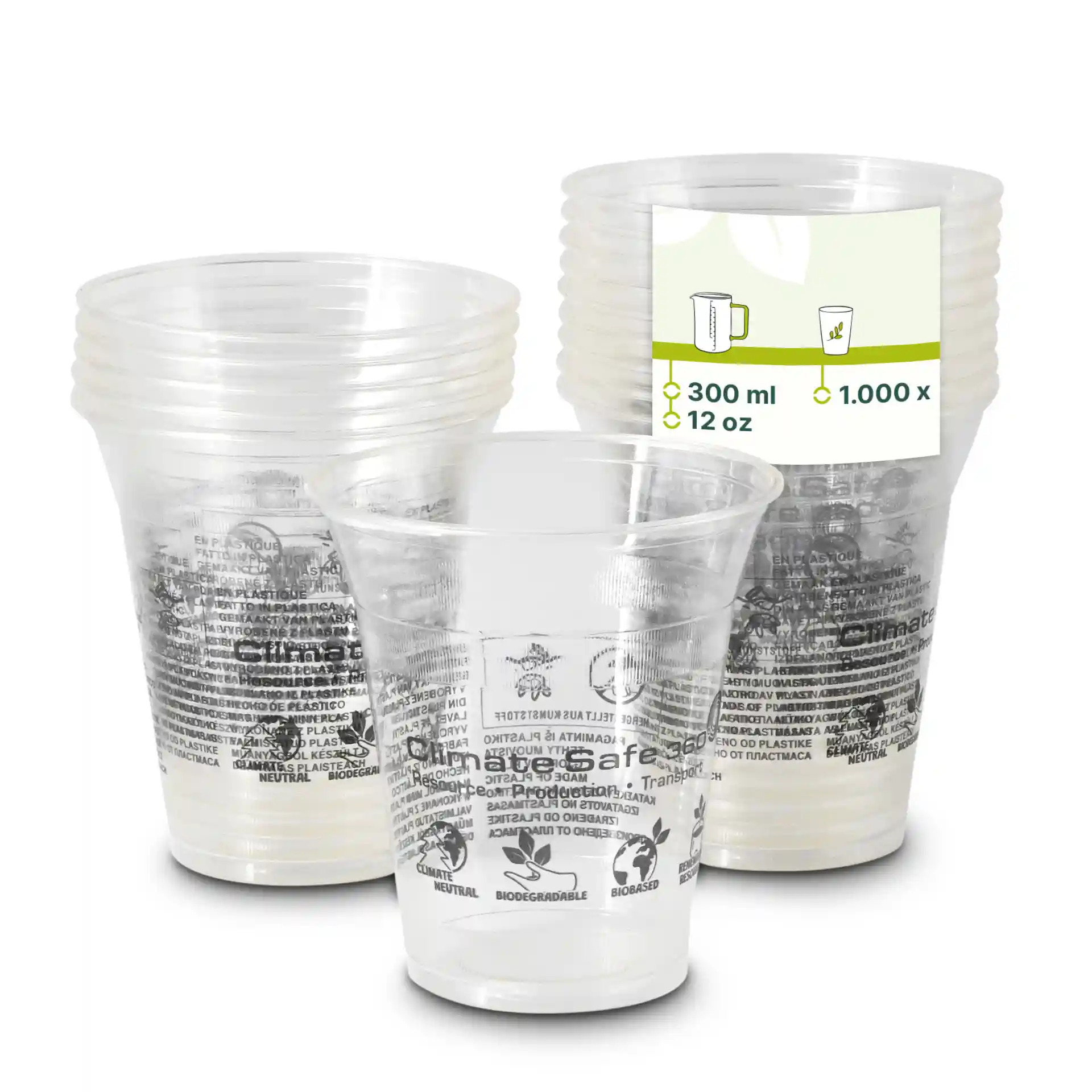 Transparante 12 oz PLA smoothiebekers gestapeld met een zichtbaar label dat 300 ml capaciteit en 1000 stuks toont.