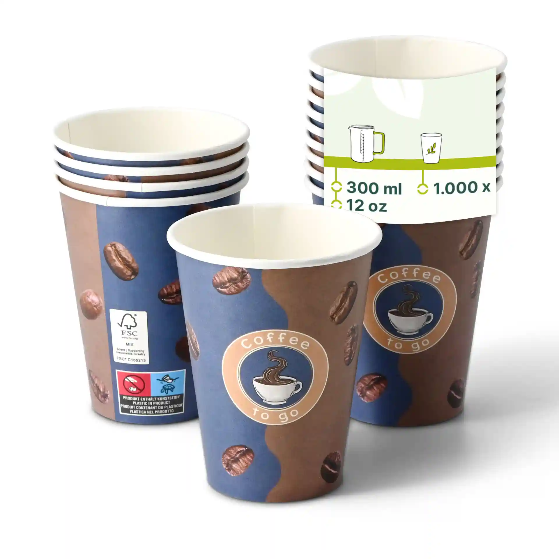 Stapel bedrukte papieren bekers met koffieboonontwerp, ronde vorm en zichtbaar logo "Coffee to go".
