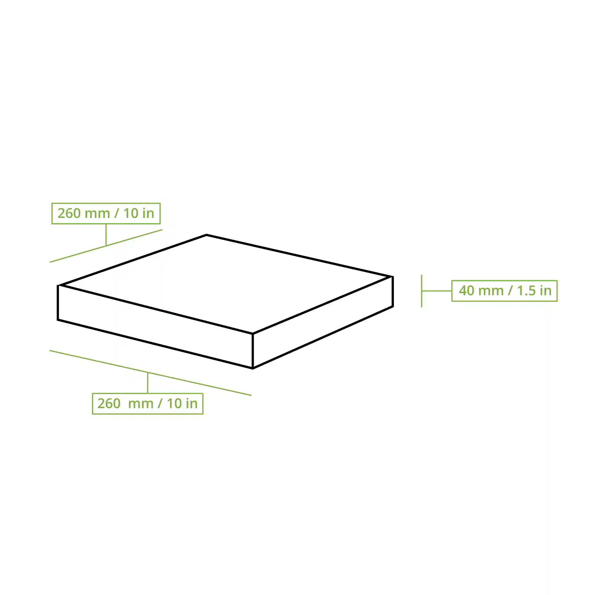 Schematische tekening van een vierkante pizzadoos met afmetingen van 260 mm bij 260 mm en een hoogte van 40 mm.