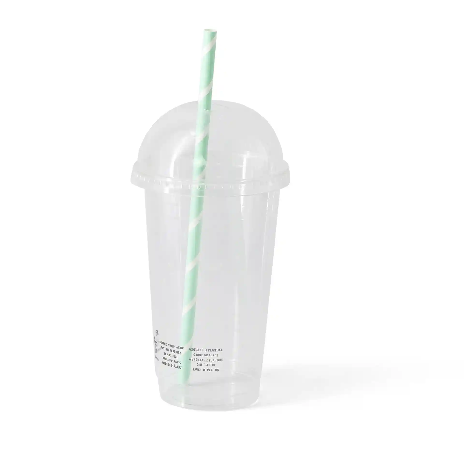 Heldere PLA-plastic beker met een dome deksel en een groen gestreepte rietje, 500 ml capaciteit.