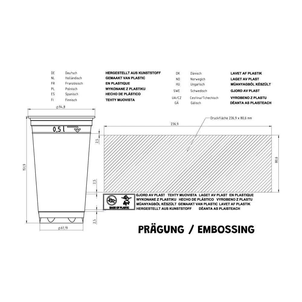 rPET bekers 500 ml / 20 oz, Ø 95 mm