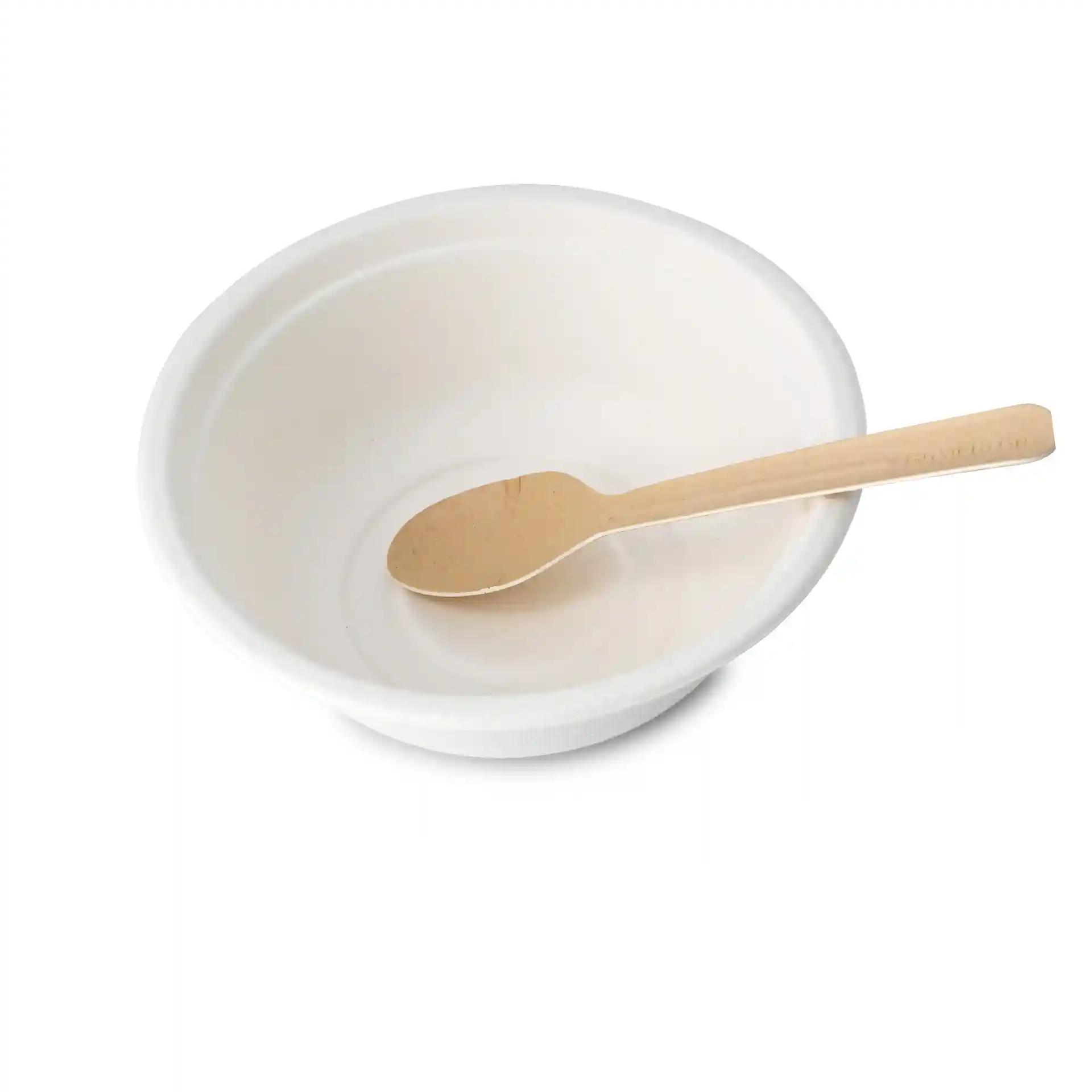 Witte ronde suikerrietkom met een diepte van 54 mm en een houten lepel erin.