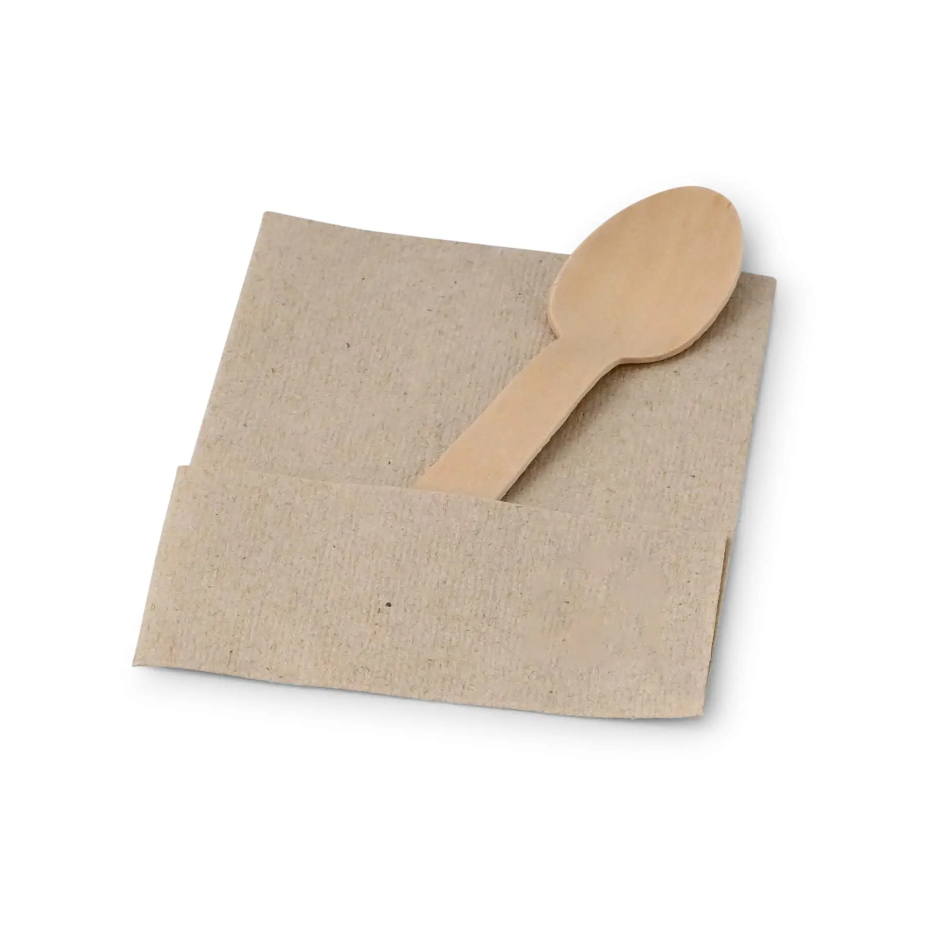 Rechthoekige ongebleekte servet met een houten lepel erop, met een recycling symbool.