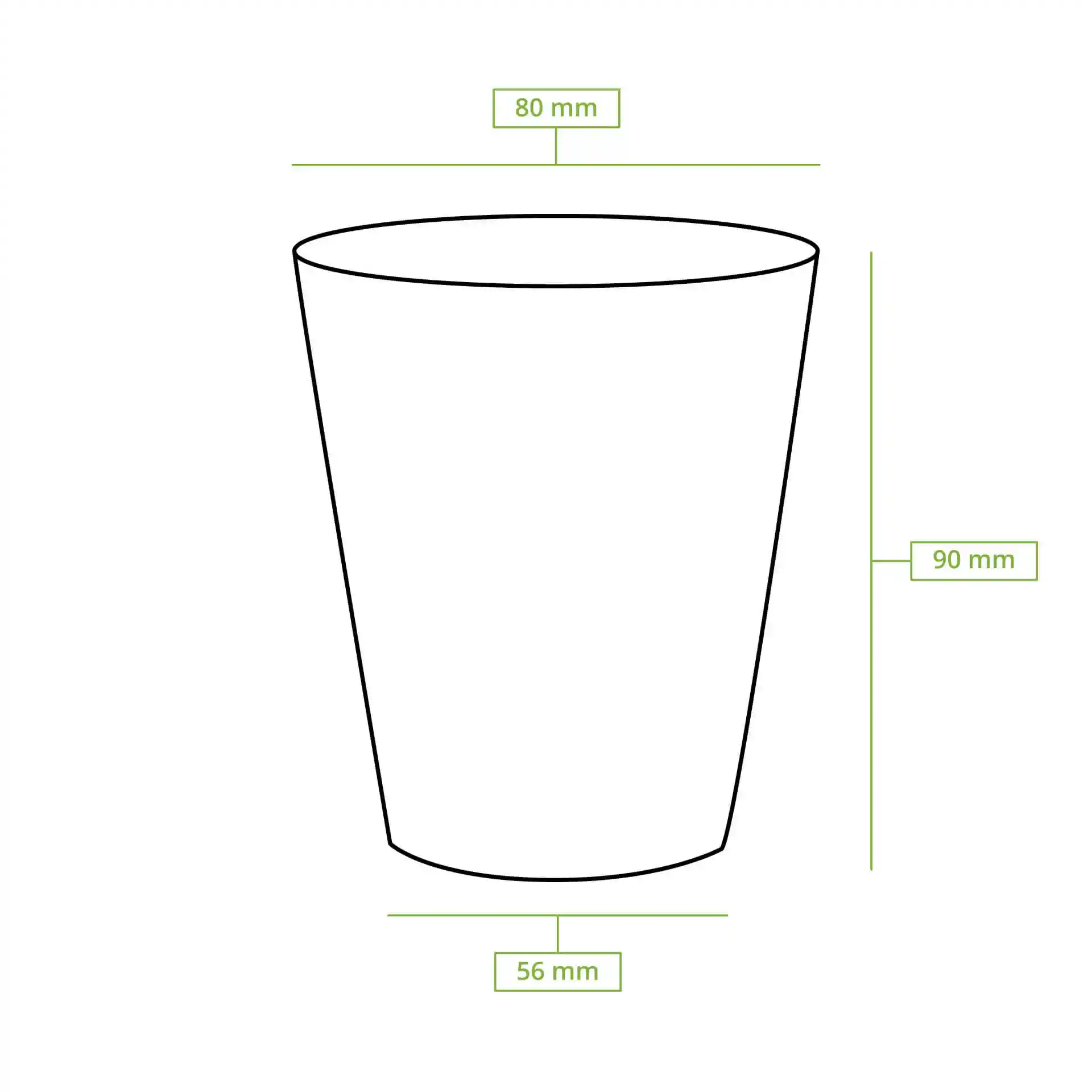 Schematische tekening van een papieren beker met afmetingen: hoogte 90 mm, bovenste diameter 80 mm, en bodemdikte 56 mm.