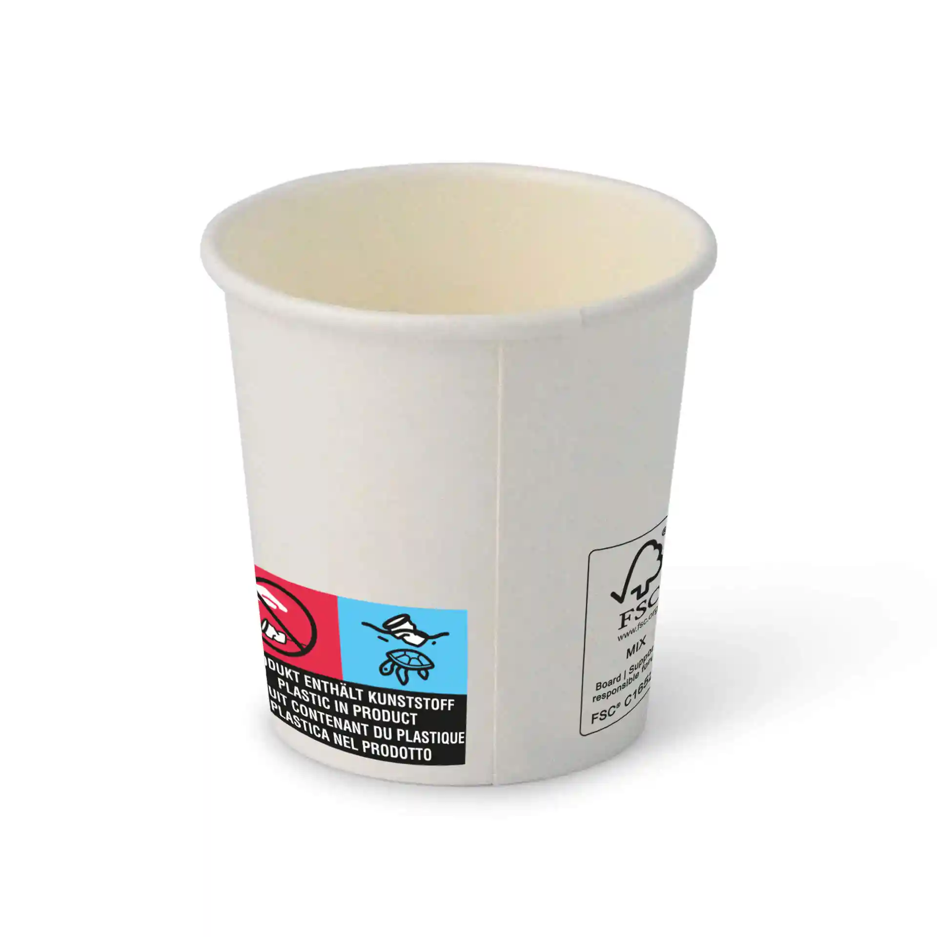 Witte papieren beker met een ronde vorm, voorzien van een blauw en rood etiket met symbolen en een klein FSC-logo.