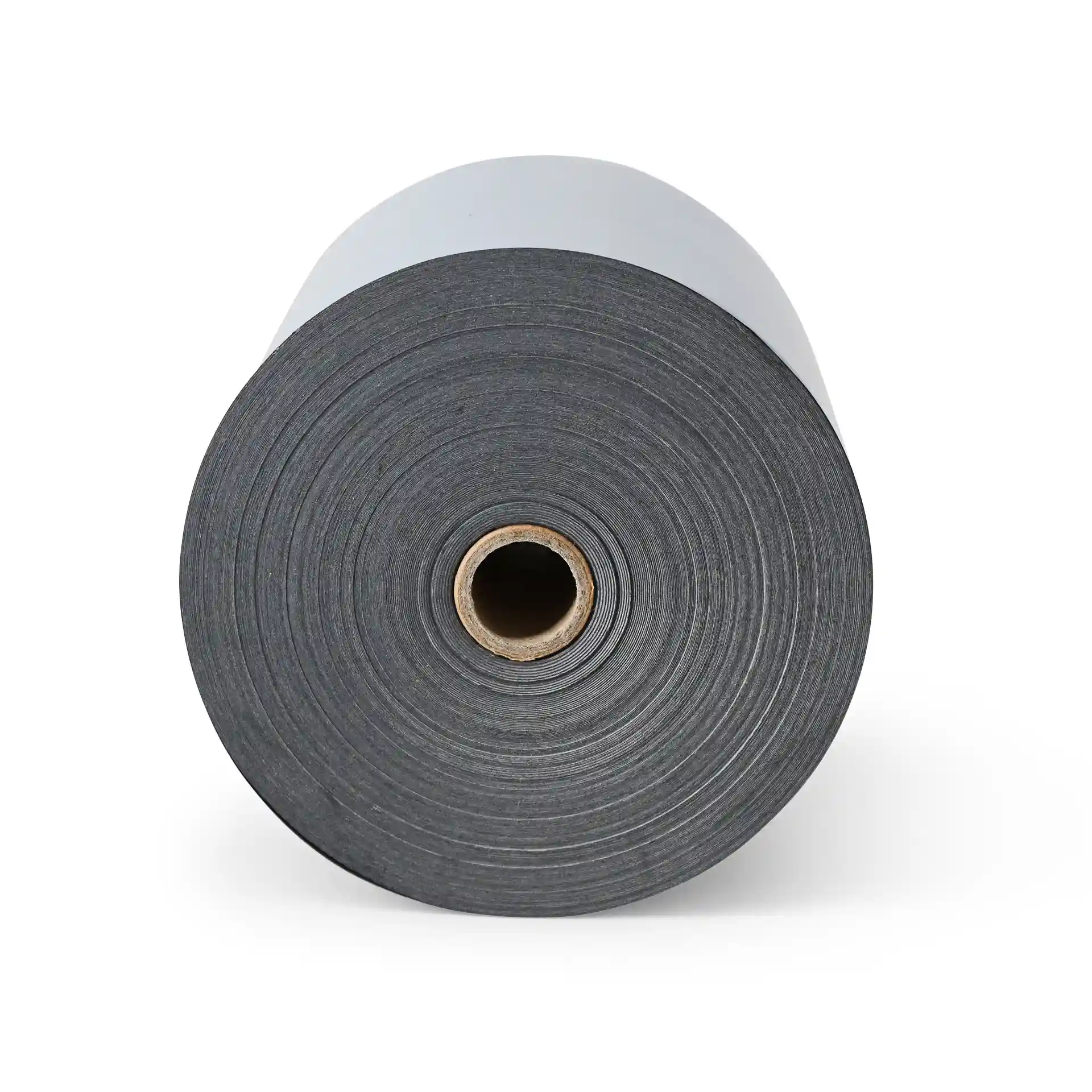 Rol grijs thermisch papier met een diameter van 80 mm, toont de eindweergave en een kartonnen kern.