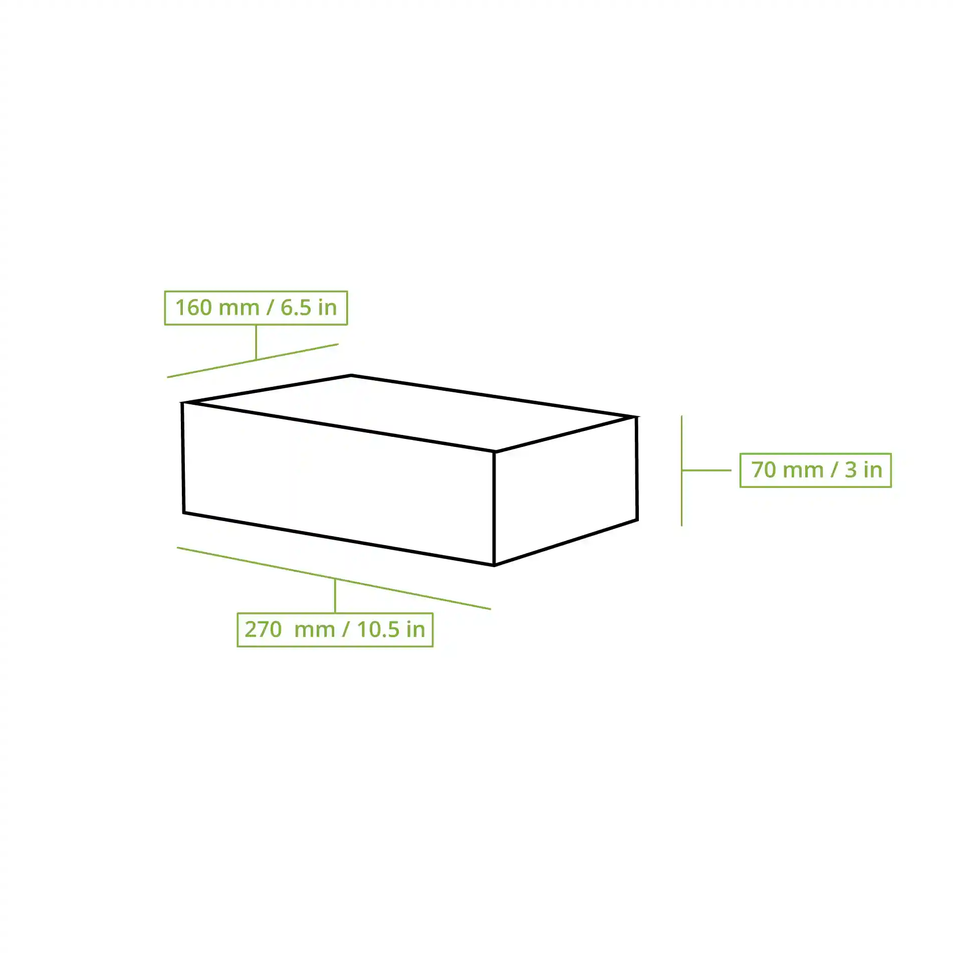 Schematische tekening van een rechthoekige doos met afmetingen: 270 mm lengte, 160 mm breedte en 70 mm hoogte.