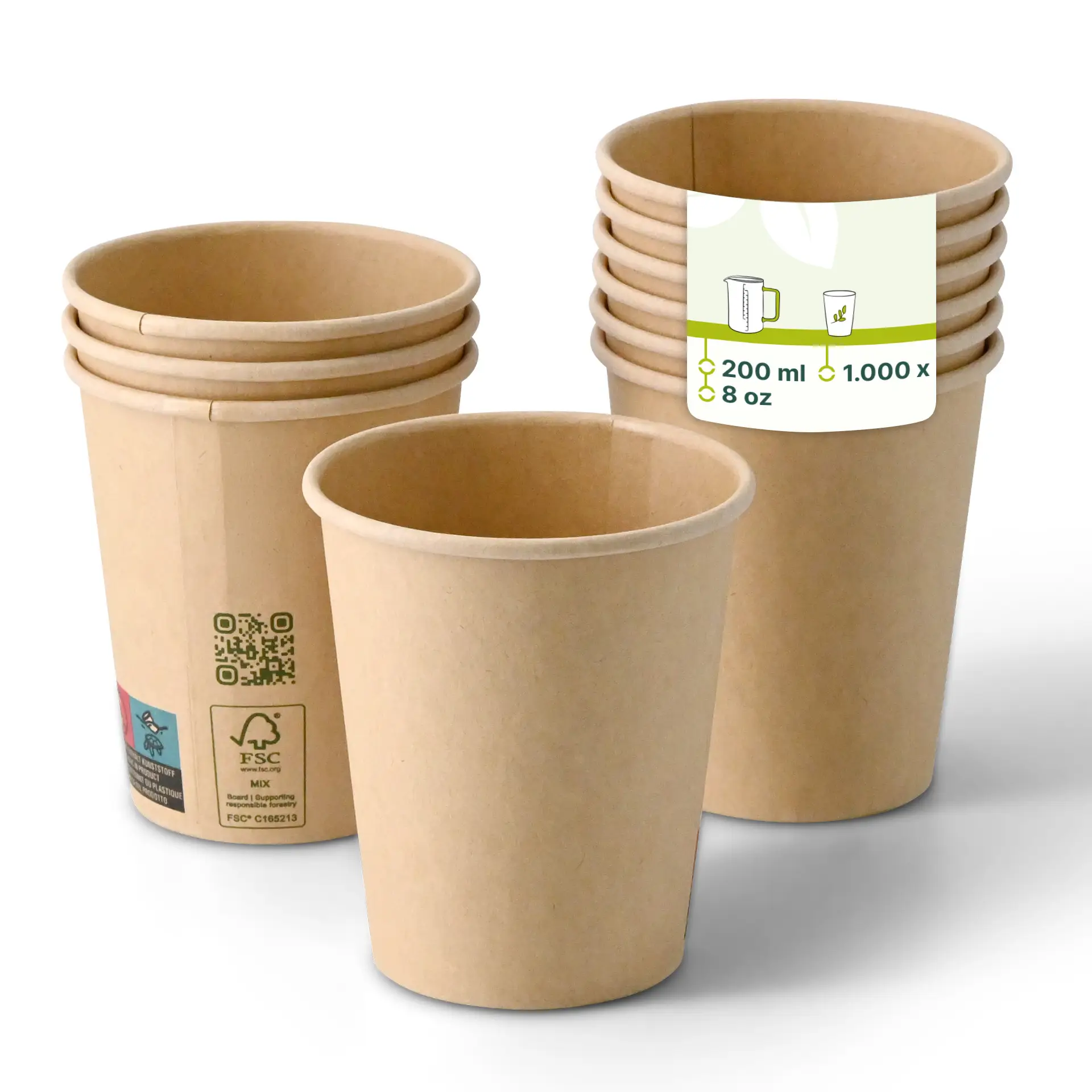Eénwandige bruine papieren cup, 200 ml / 8 oz, PLA-gecoat, stapelbaar; etiket met QR-code en informatie over duurzaamheid.
