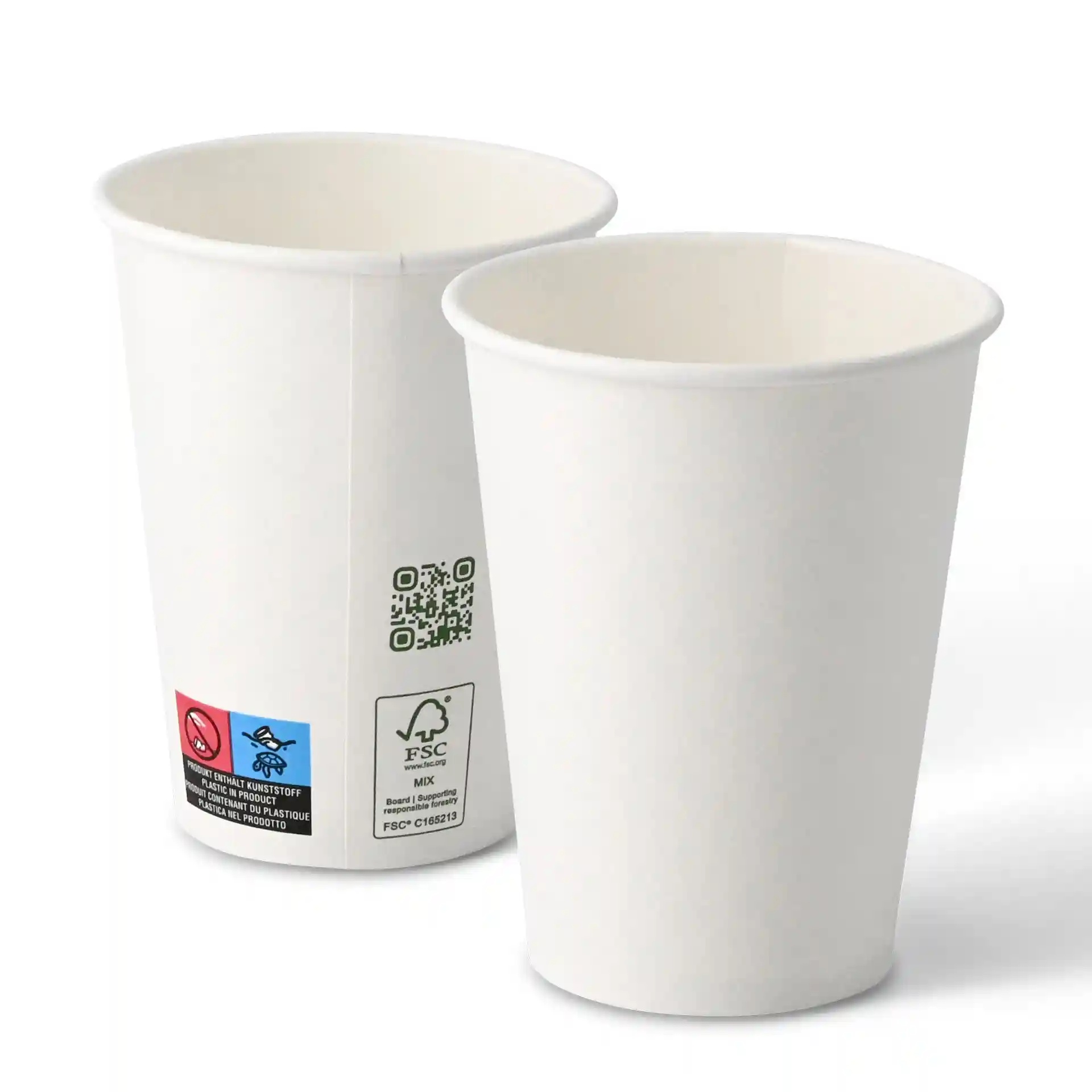Witte papieren bekers met enkele wand, 300 ml capaciteit en een diameter van 90 mm, met een label met symbolen.