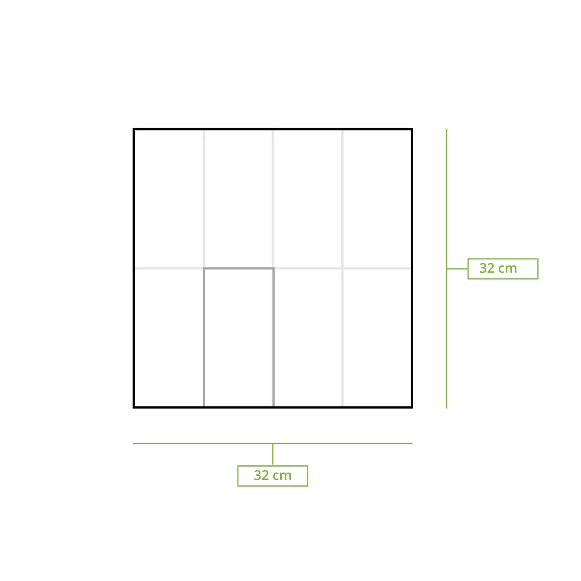 Schematische tekening van een vierkante papieren servet van 32 cm met 1/8 vouw en maatlijnen.