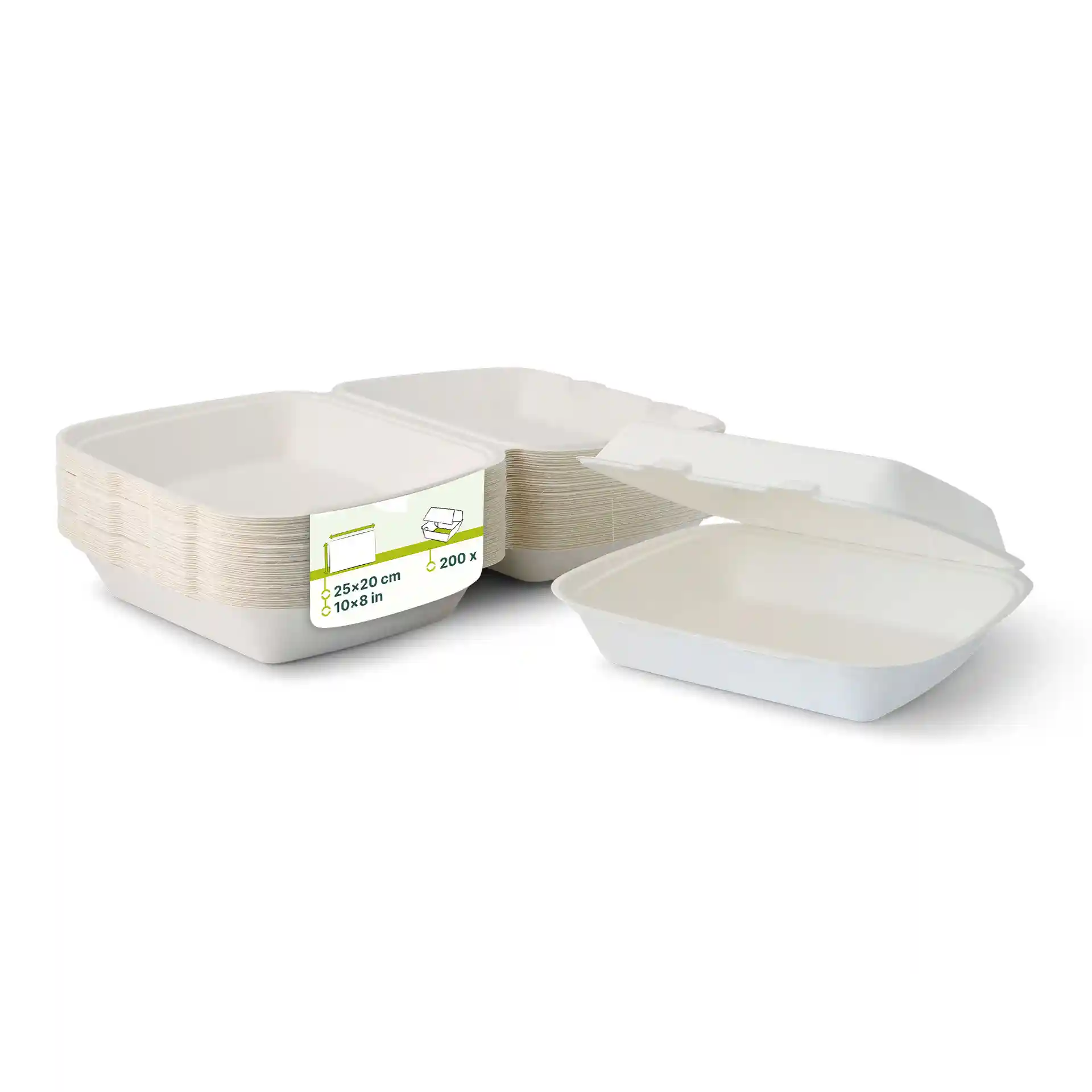 Stapel van witte rechthoekige suikerrietcontainers met scharnierende deksels, 25 x 20 cm, meerdere containers zichtbaar.