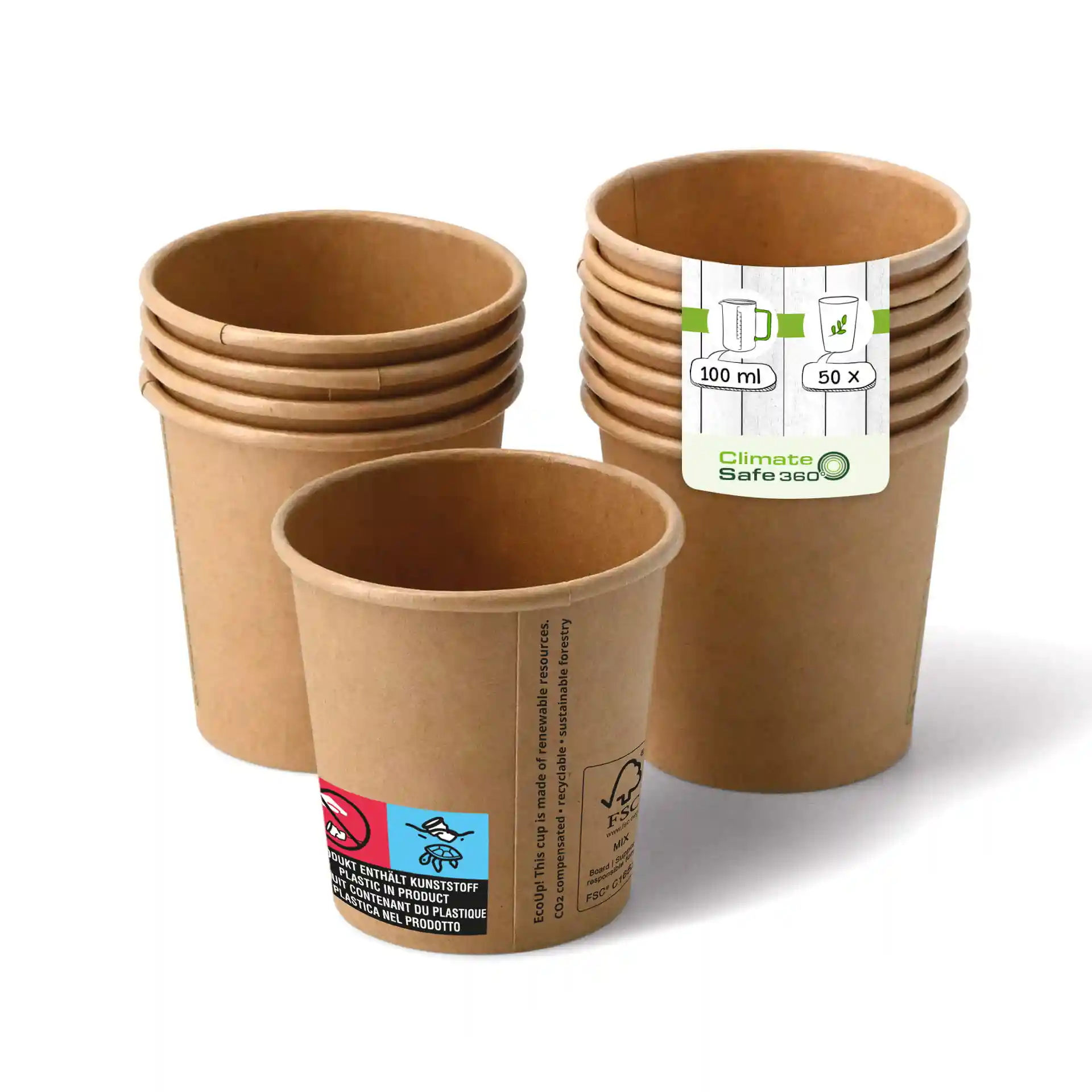 Bruine papieren bekers gestapeld, met één beker vooraan met een label, gemaakt van karton, 100 ml capaciteit.