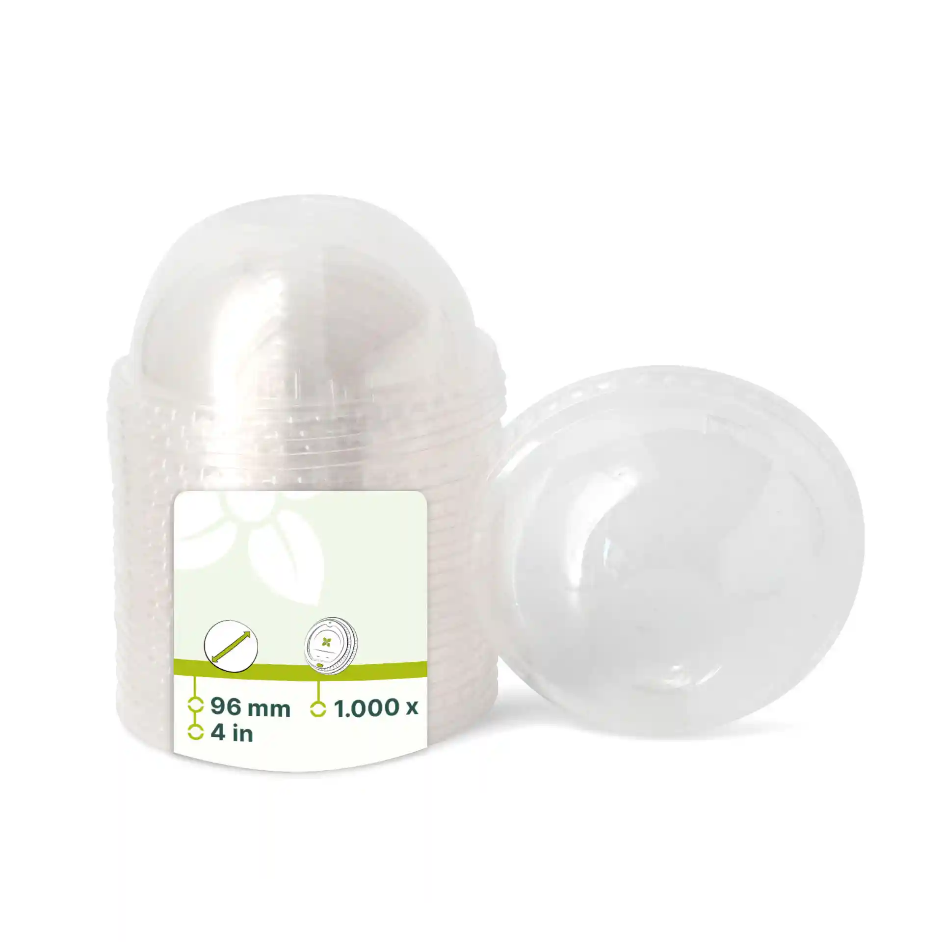 Transparante PLA-dome deksel met een diameter van 96 mm, getoond met een label en een andere deksel ernaast.