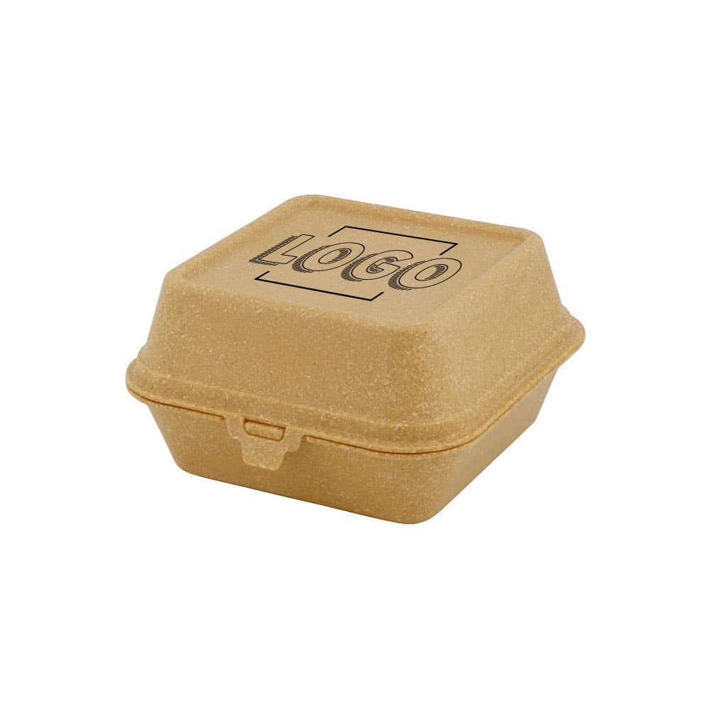 Mehrweg-Burger-Boxen "Häppy Box" 16 x 15 x 8,5 cm, Karamell / braun, Individualdruck (1 Fläche)