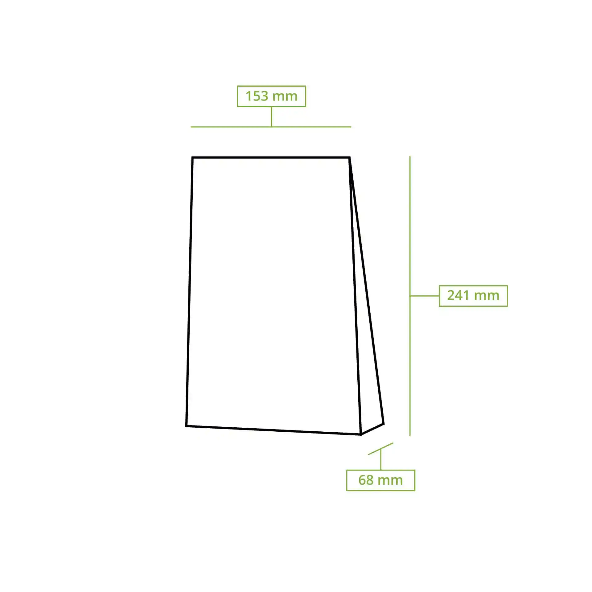 Schematische tekening van een blokbodemzak met afmetingen van 153 mm lengte, 68 mm breedte en 241 mm hoogte.