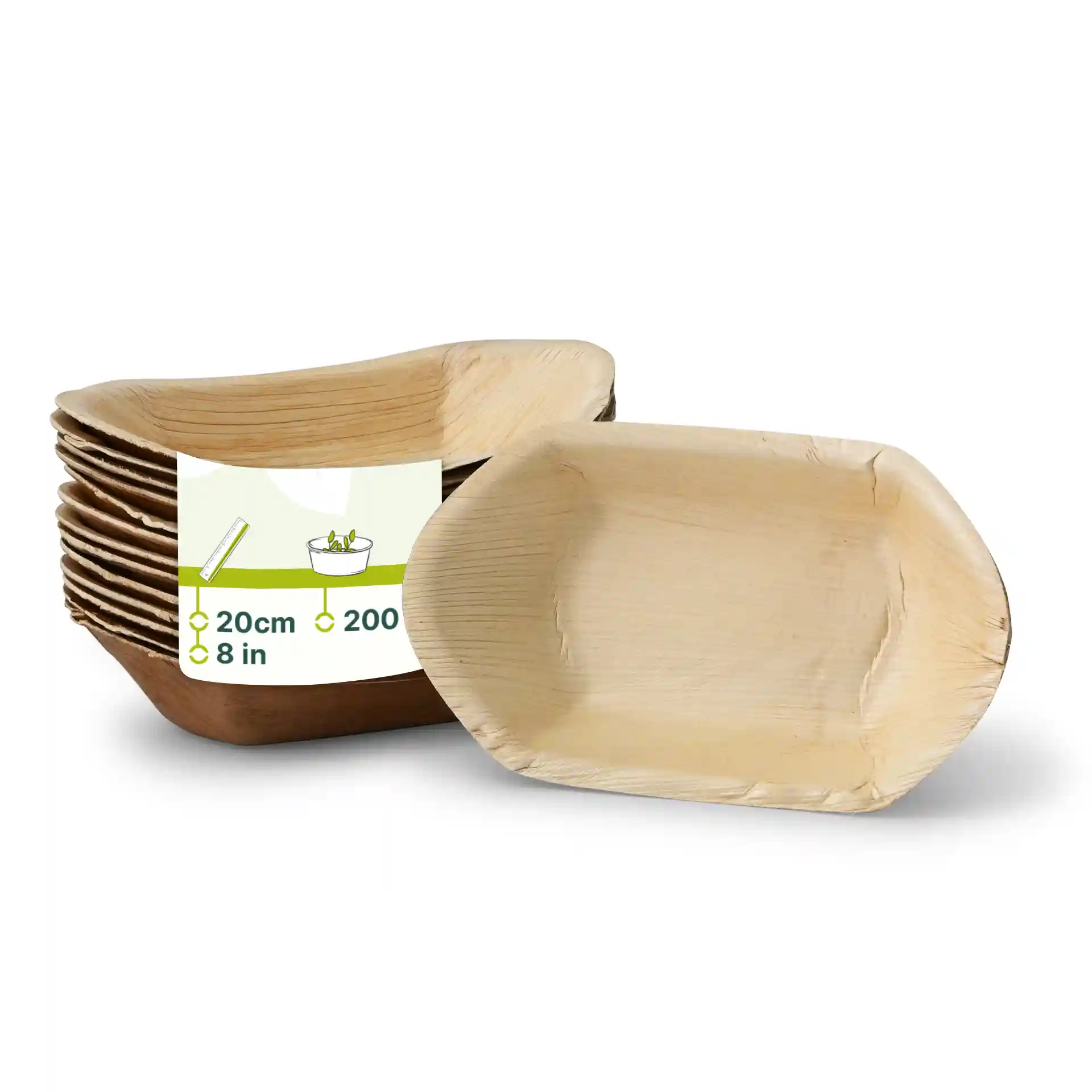 Diepe palmbladbootvormige borden in een stapel, met één bord vooraan en een label met afmetingen.