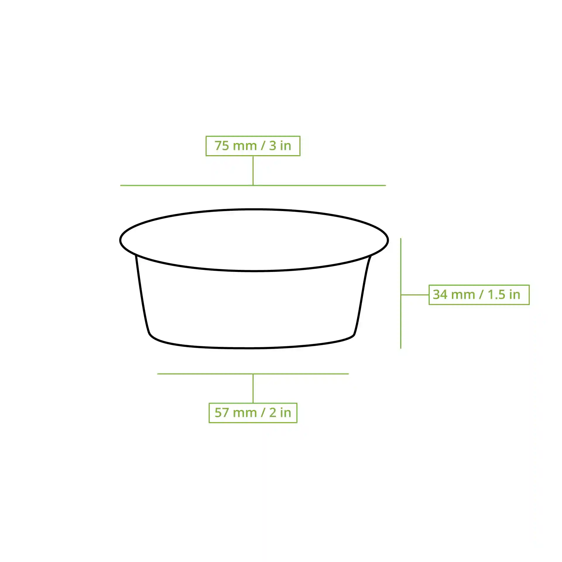 Schematische tekening van een ronde sauspan met afmetingen: 75 mm diameter, 34 mm hoogte en 57 mm bodemdiameter.
