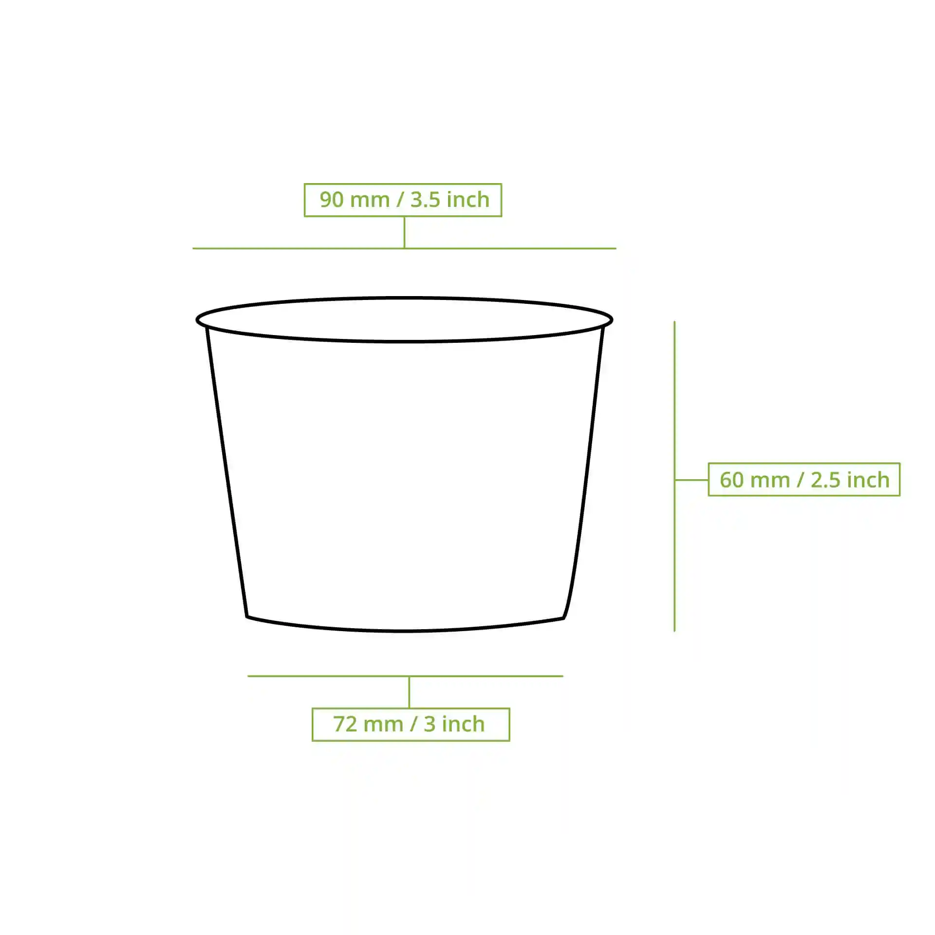 Schematische tekening van een ronde soepcontainer met afmetingen: 90 mm bovenste diameter, 72 mm onderste diameter en 60 mm hoogte.