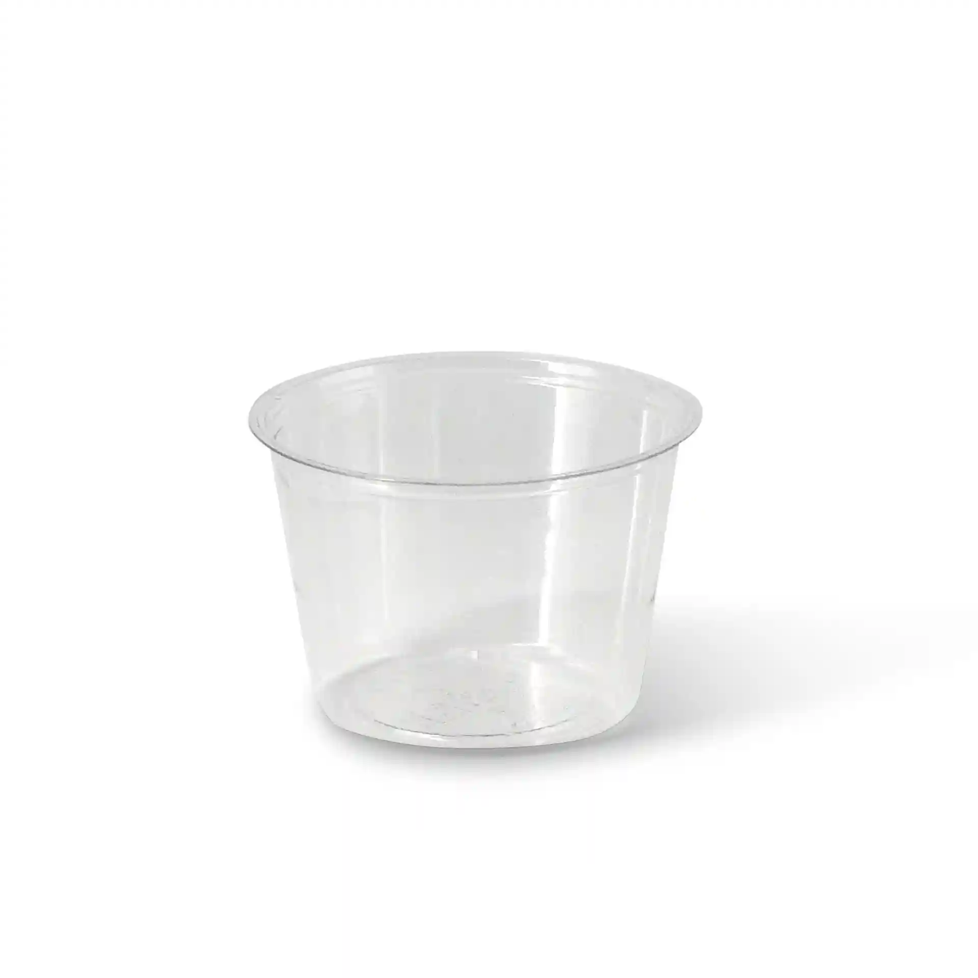 Heldere ronde beker met een diameter van 70 mm en een hoogte van 47 mm, gemaakt van PLA-materiaal.