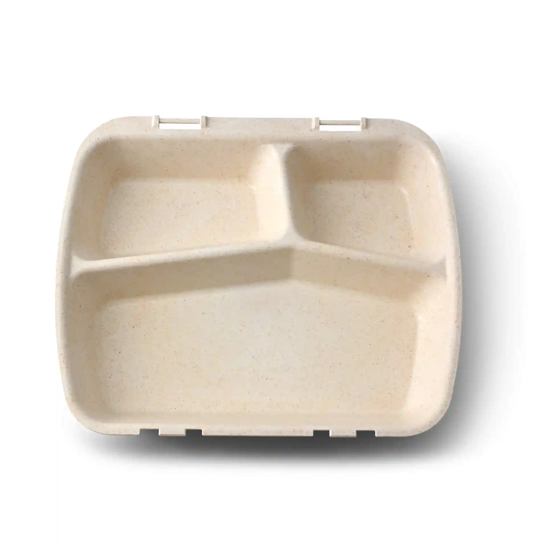 Herbruikbare maaltijdcontainer met drie compartimenten, crème witte kleur, afmetingen 24,5 x 20 x 4,5 cm.